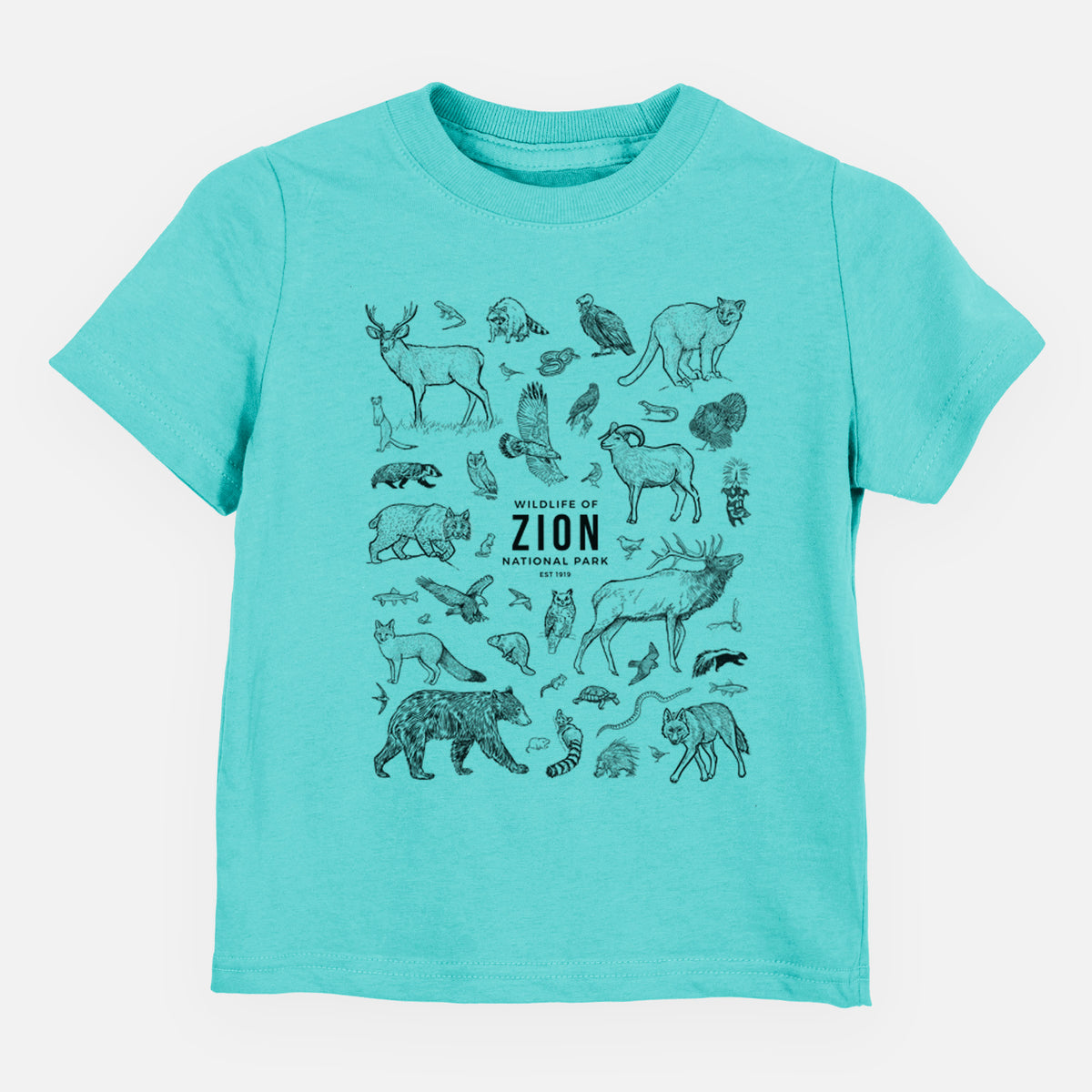 Caribbean blue toddler t-shirt laid flat, printed with a collection of black ink wildlife illustrations surrounding the words Zion National Park.