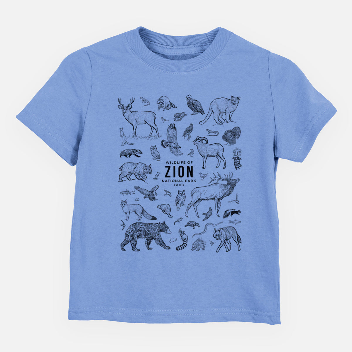 Carolina blue toddler t-shirt laid flat, printed with a collection of black ink wildlife illustrations surrounding the words Zion National Park.