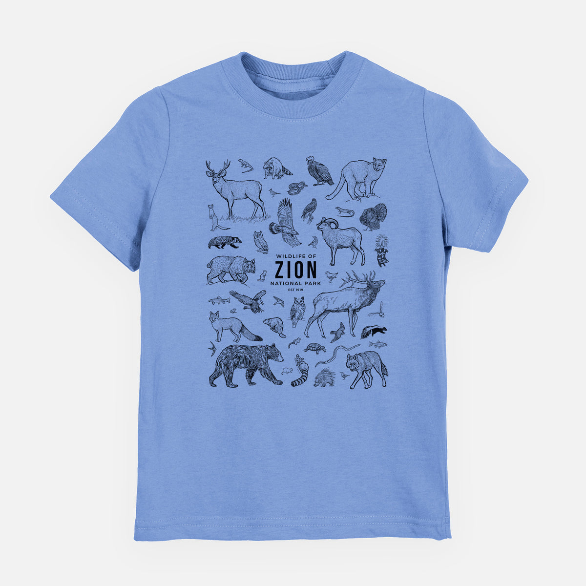 Carolina blue youth t-shirt laid flat, printed with a collection of black ink wildlife illustrations surrounding the words Zion National Park.