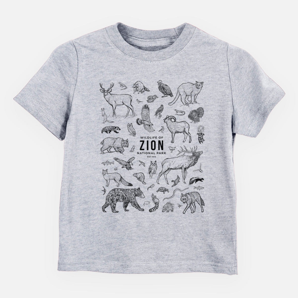 Heather grey toddler t-shirt laid flat, printed with a collection of black ink wildlife illustrations surrounding the words Zion National Park.