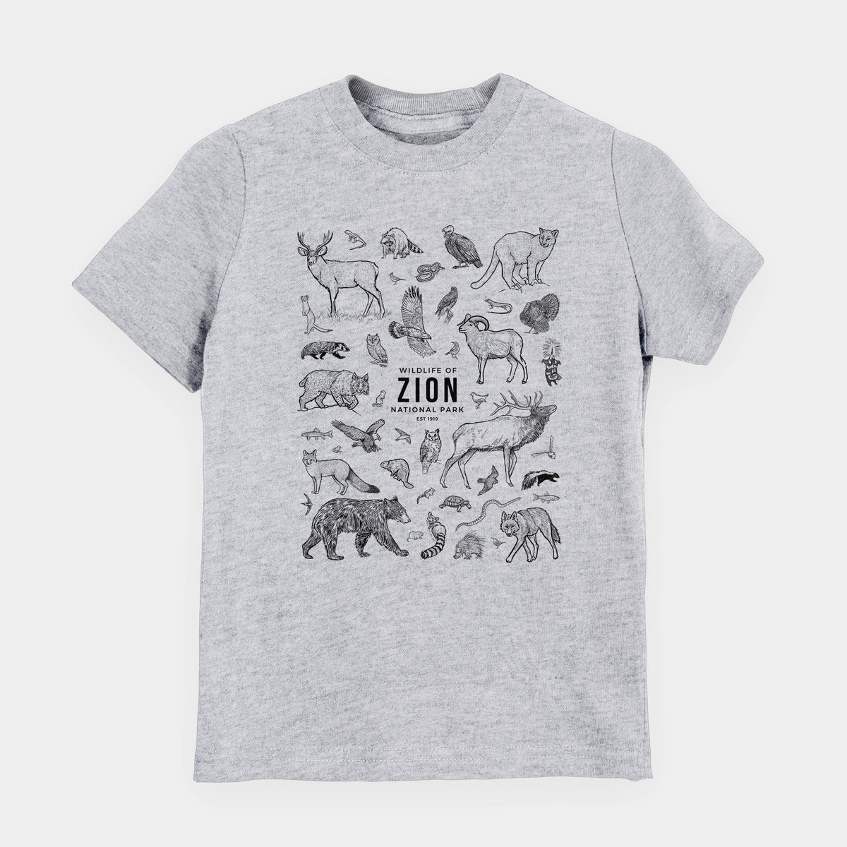 Heather grey youth t-shirt laid flat, printed with a collection of black ink wildlife illustrations surrounding the words Zion National Park.