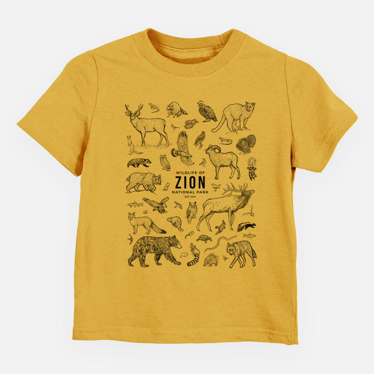 Honeycomb yellow toddler t-shirt laid flat, printed with a collection of black ink wildlife illustrations surrounding the words Zion National Park.