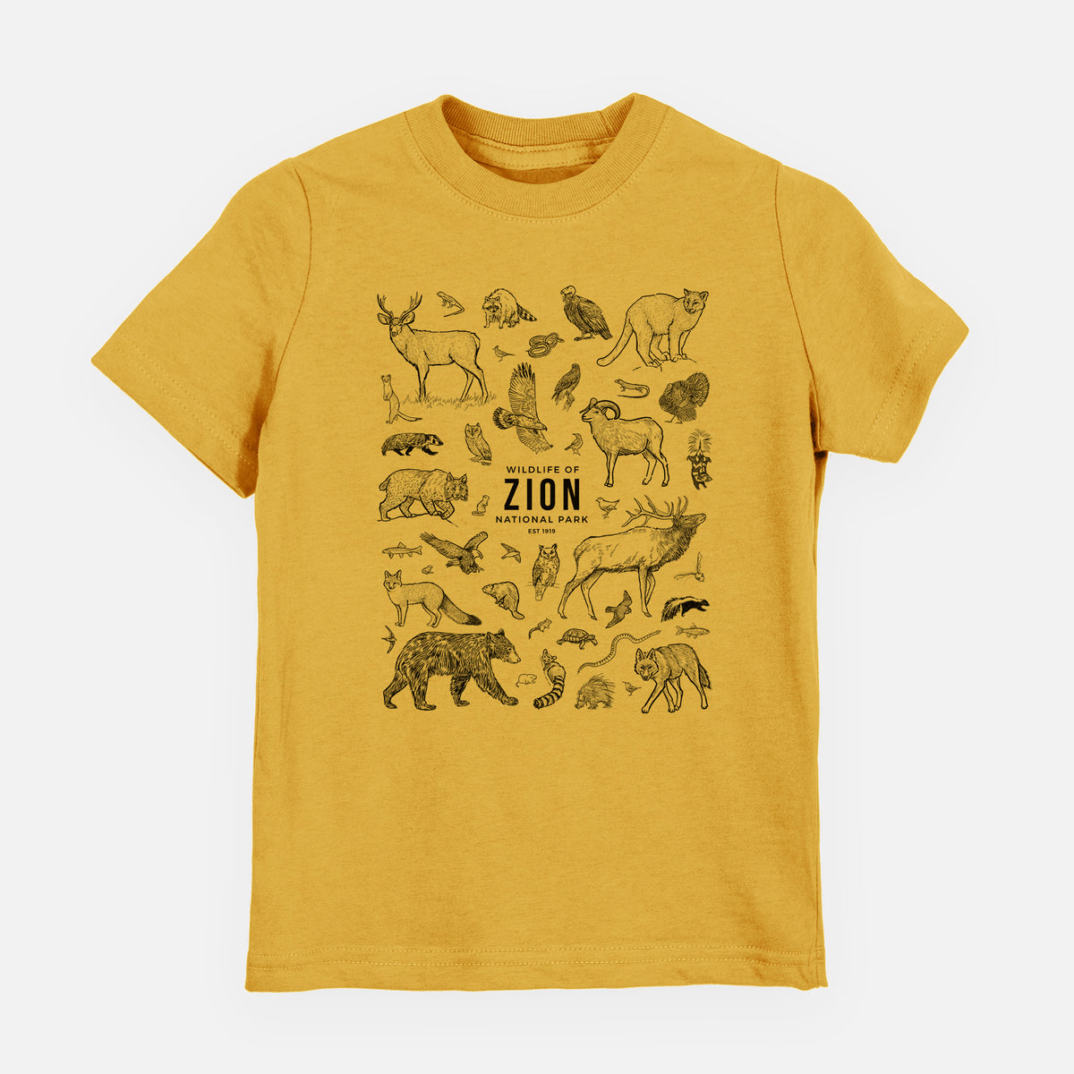 Honeycomb yellow youth t-shirt laid flat, printed with a collection of black ink wildlife illustrations surrounding the words Zion National Park.