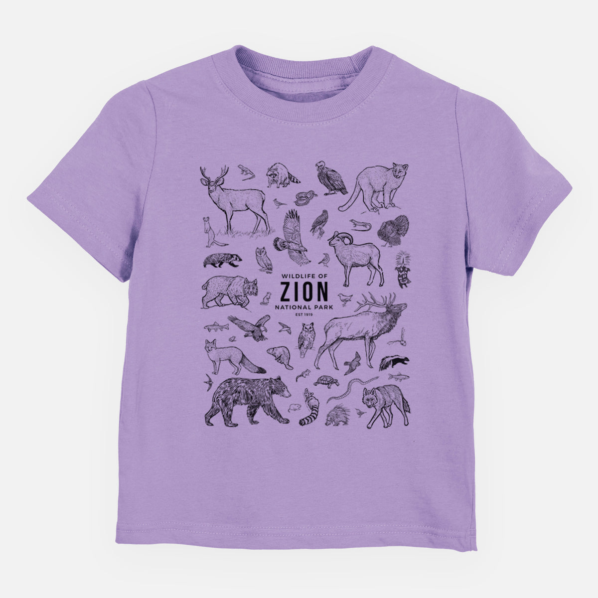 Lavender toddler t-shirt laid flat, printed with a collection of black ink wildlife illustrations surrounding the words Zion National Park.