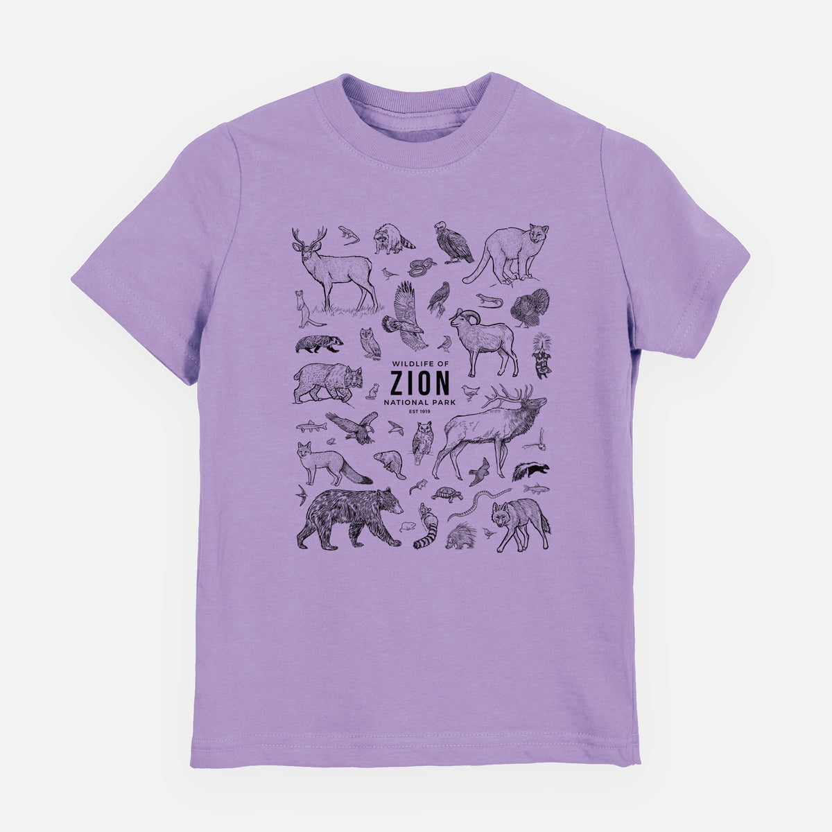 Lavender youth t-shirt laid flat, printed with a collection of black ink wildlife illustrations surrounding the words Zion National Park.
