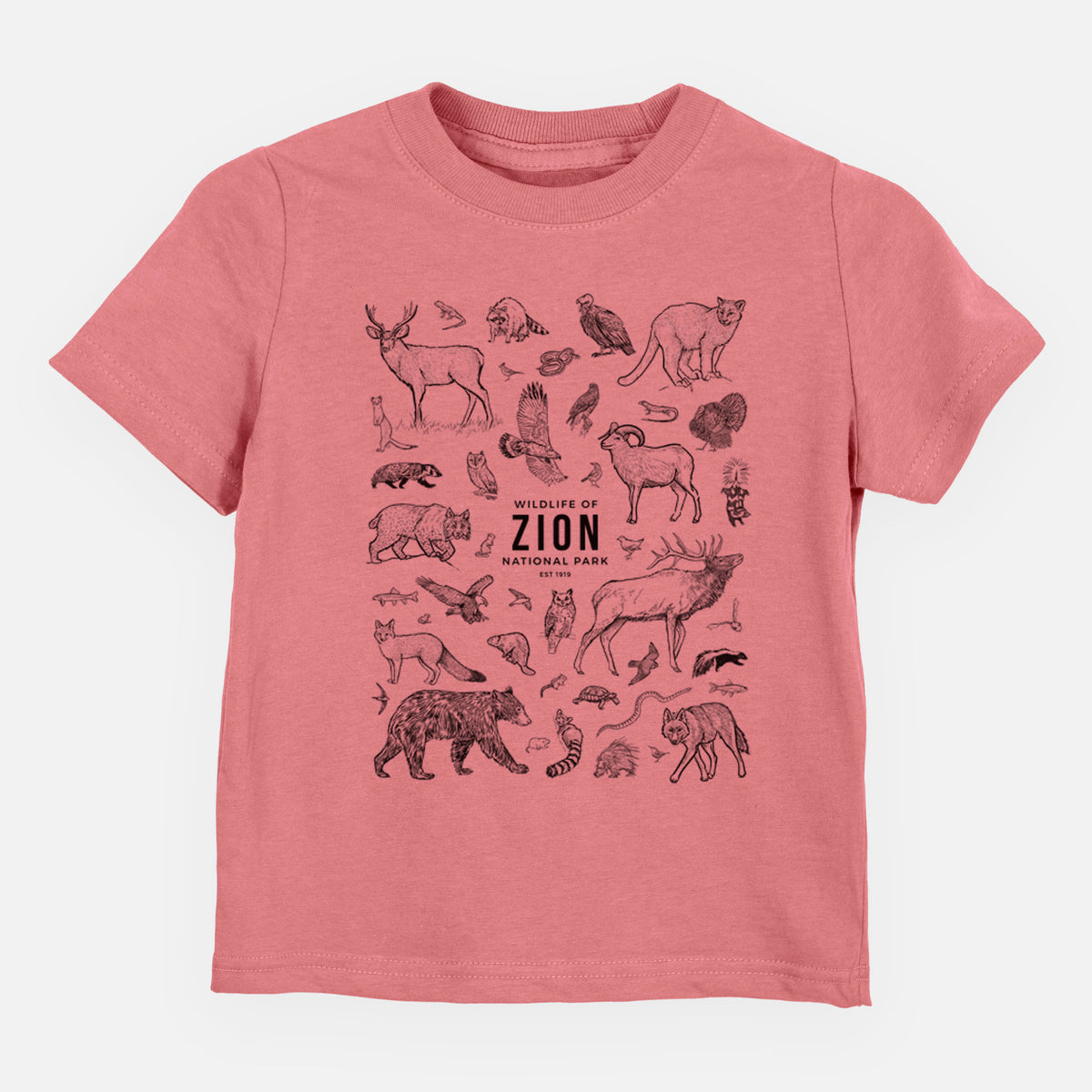 Mauve pink toddler t-shirt laid flat, printed with a collection of black ink wildlife illustrations surrounding the words Zion National Park.