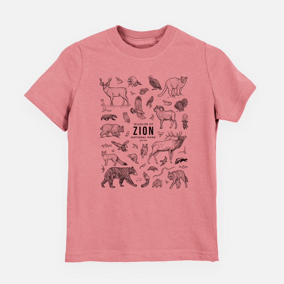 Mauve pink youth t-shirt laid flat, printed with a collection of black ink wildlife illustrations surrounding the words Zion National Park.
