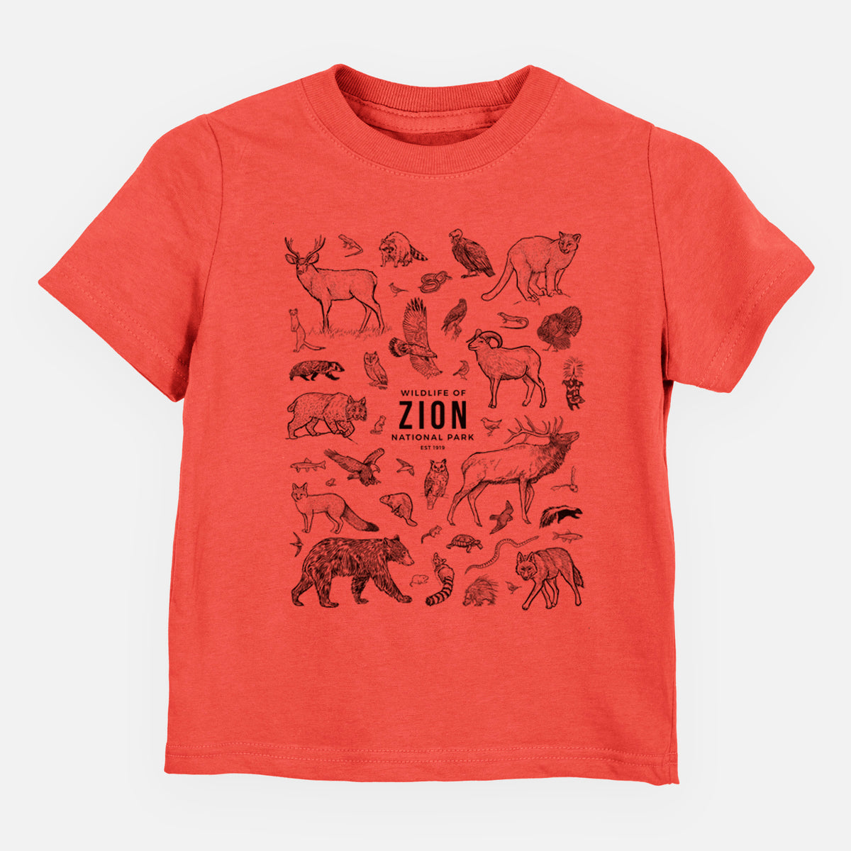 Passionfruit pink toddler t-shirt laid flat, printed with a collection of black ink wildlife illustrations surrounding the words Zion National Park.