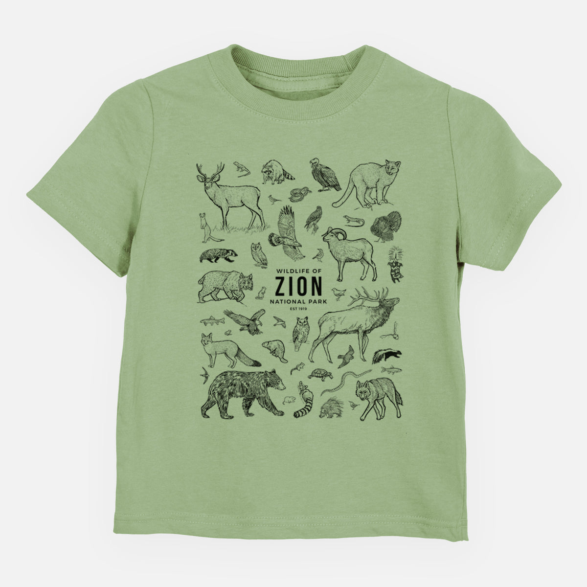 Sage green toddler t-shirt laid flat, printed with a collection of black ink wildlife illustrations surrounding the words Zion National Park.