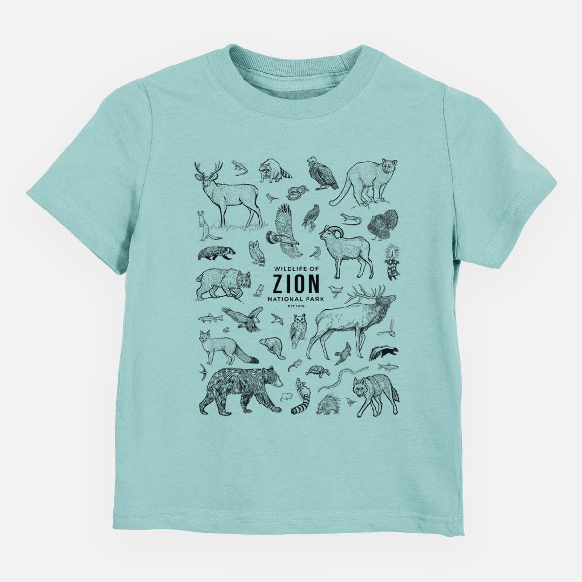 Saltwater toddler t-shirt laid flat, printed with a collection of black ink wildlife illustrations surrounding the words Zion National Park.