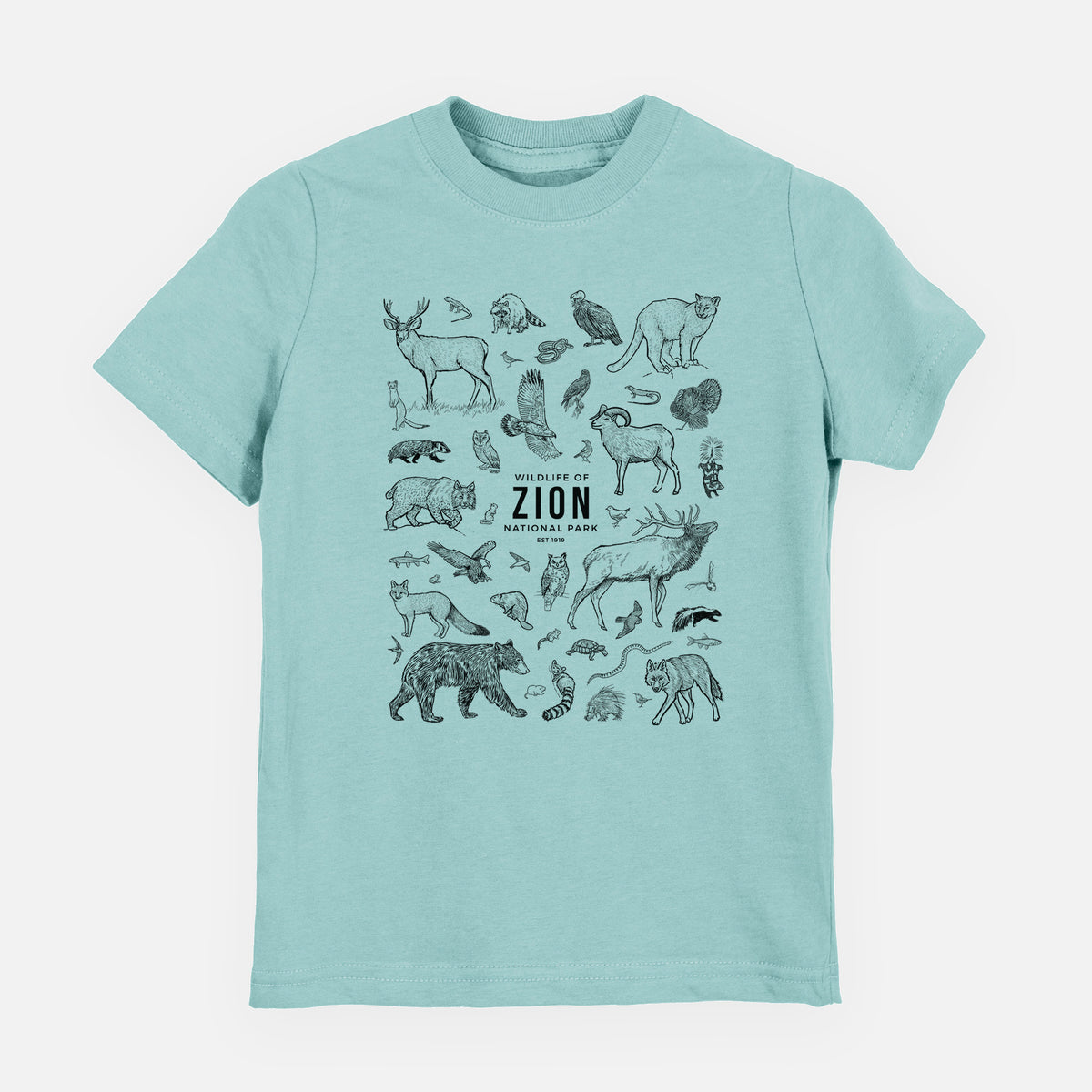 Saltwater youth t-shirt laid flat, printed with a collection of black ink wildlife illustrations surrounding the words Zion National Park.