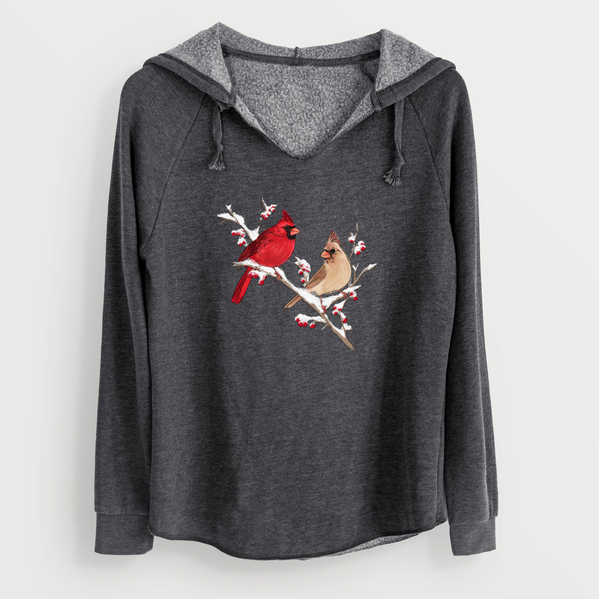 Charcoal grey women's Cali Wave hooded sweatshirt laid flat, printed with a full-color illustration of a male and female northern cardinal perched on a snowy branch with red berries.