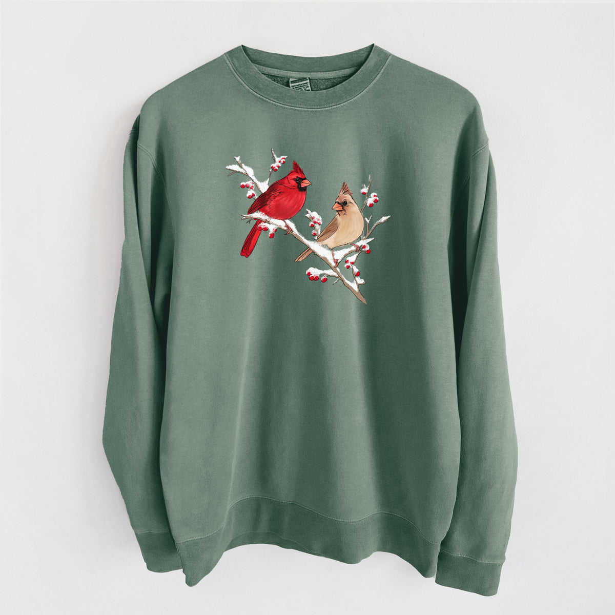 Winter Cardinals - Unisex Pigment Dyed Crew Sweatshirt in Alpine Green