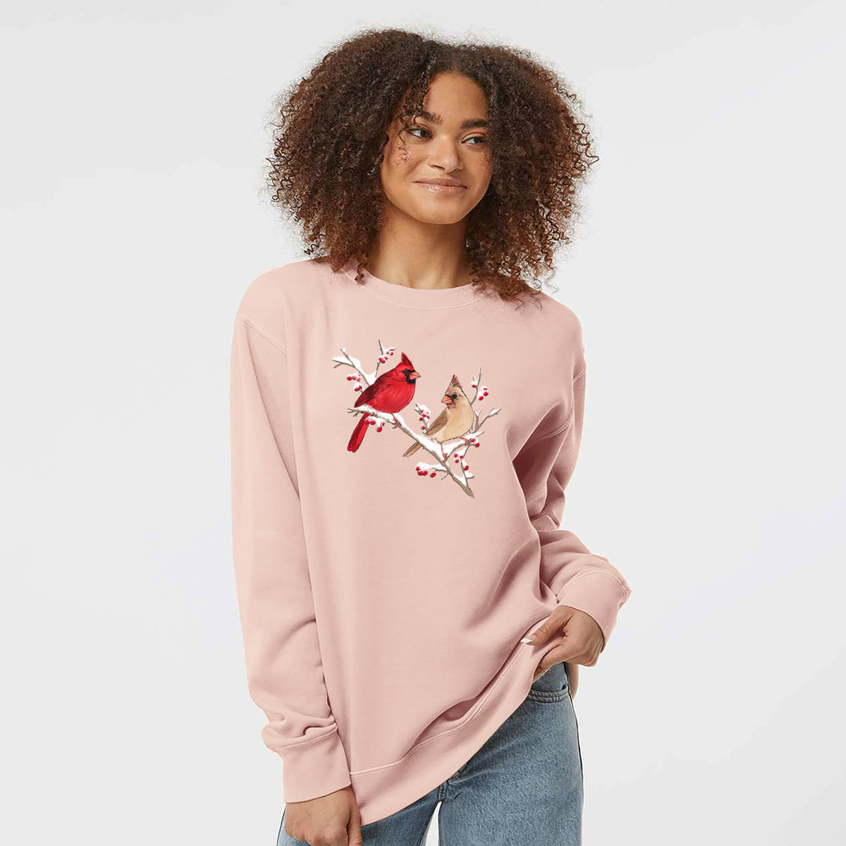 Winter Cardinals - Unisex Pigment Dyed Crew Sweatshirt in Dusty Pink