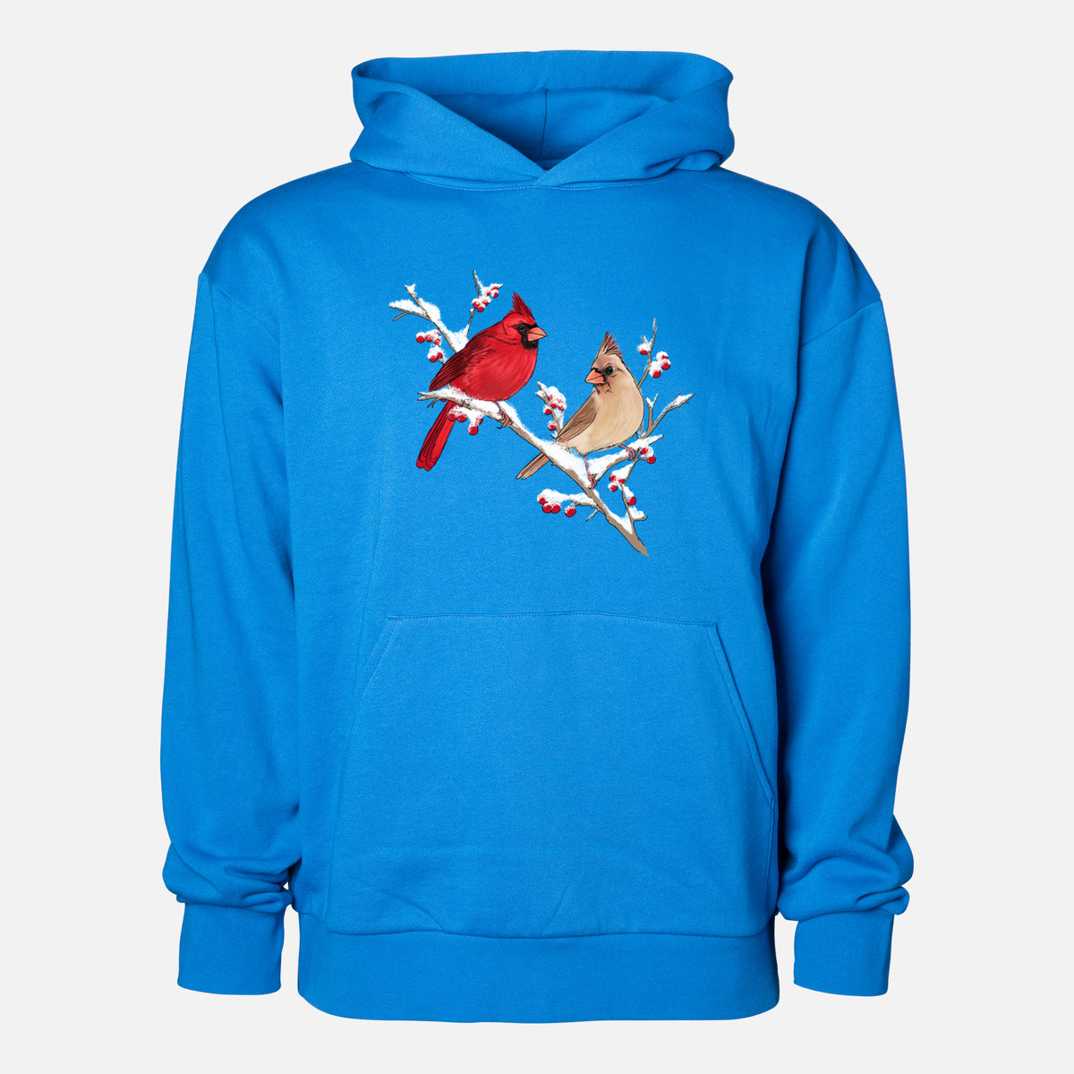 Winter Cardinals - Statement Midweight Hoodie in Azure Blue, shown from the front with the design printed on the chest above a front kangaroo pocket.