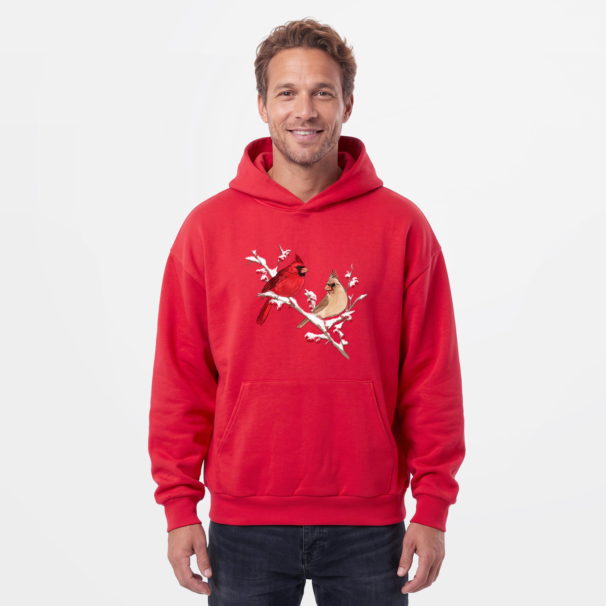 Male model wearing the Winter Cardinals - Statement Midweight Hoodie.