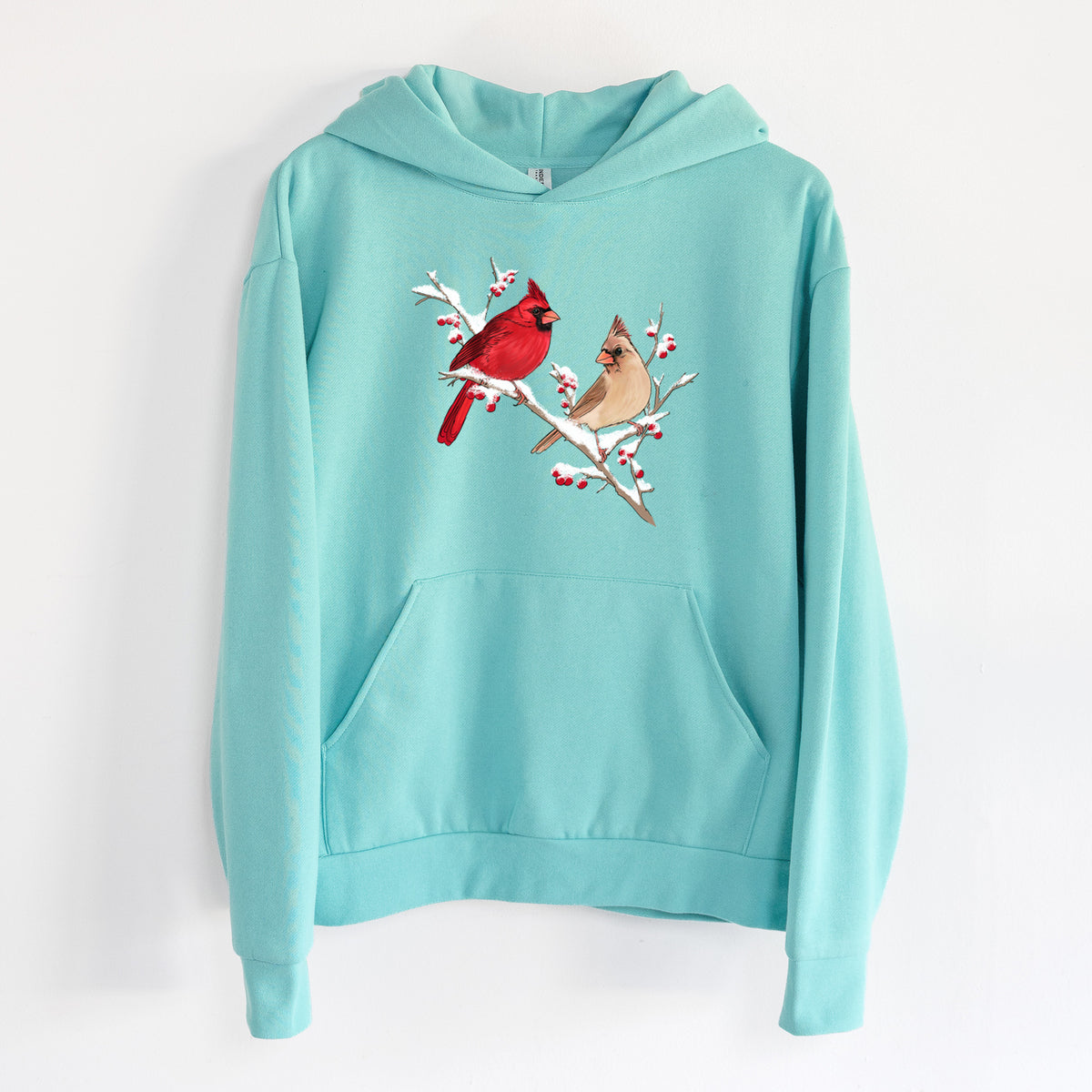 Winter Cardinals - Statement Midweight Hoodie in Seafoam, hanging on a white wall, with a front kangaroo pocket and no drawcords.