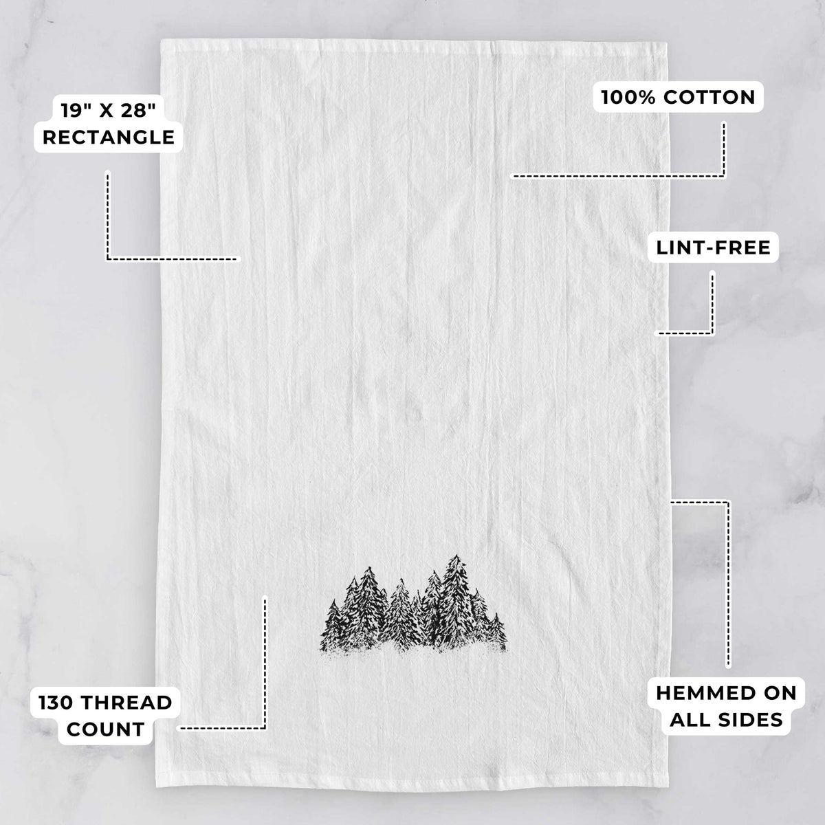 White tea towel printed with a black ink illustration of a row of snow-dusted evergreen trees, with feature labels: 19 by 28 inch rectangle, 100% cotton, lint-free, 130 thread count, hemmed on all sides.