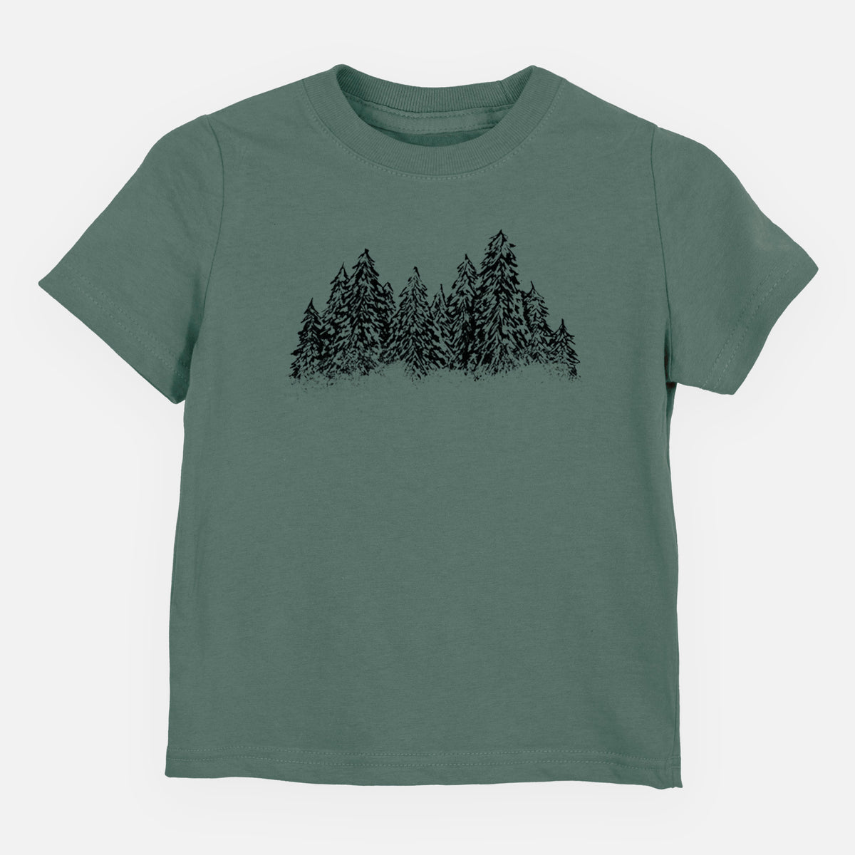 Basil green toddler t-shirt laid flat, printed with a black ink illustration of a row of snow-dusted evergreen trees.