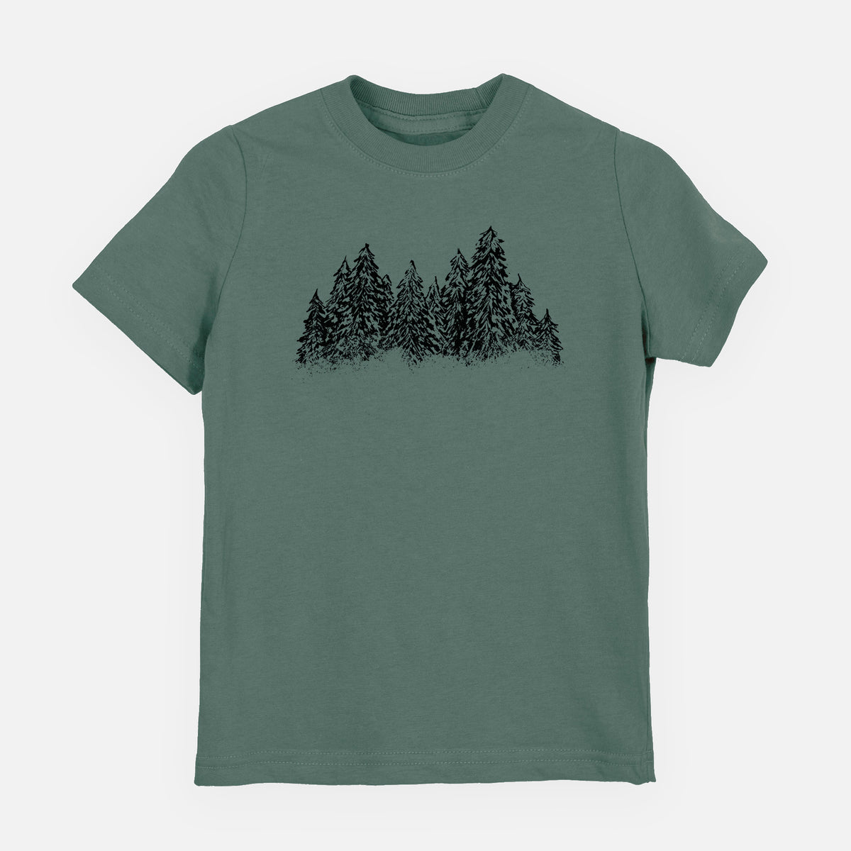 Basil green youth t-shirt laid flat, printed with a black ink illustration of a row of snow-dusted evergreen trees.