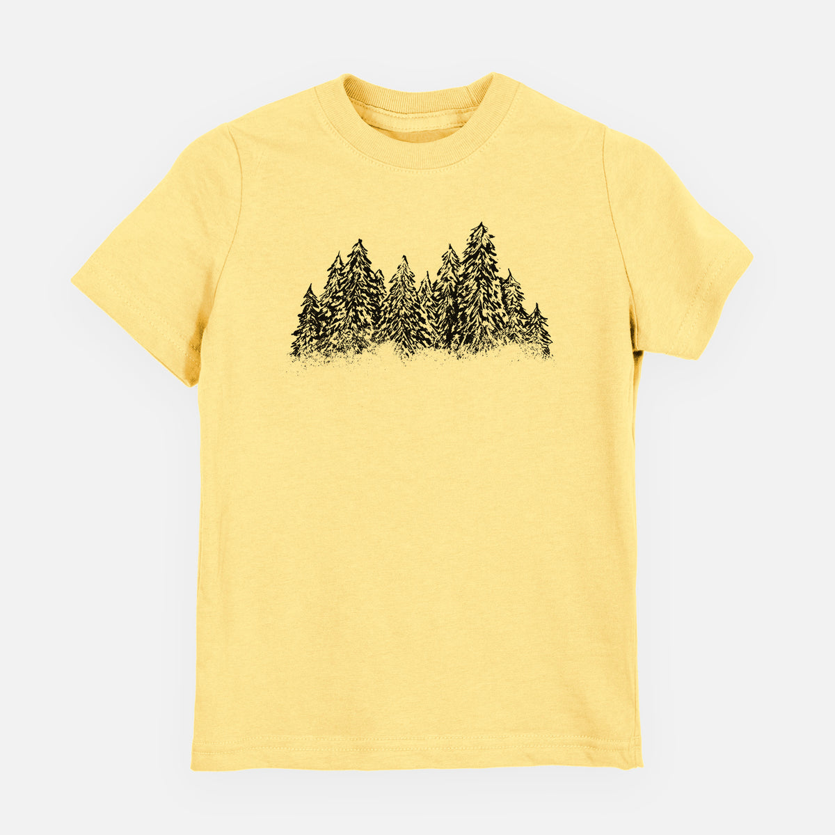 Butter yellow youth t-shirt laid flat, printed with a black ink illustration of a row of snow-dusted evergreen trees.
