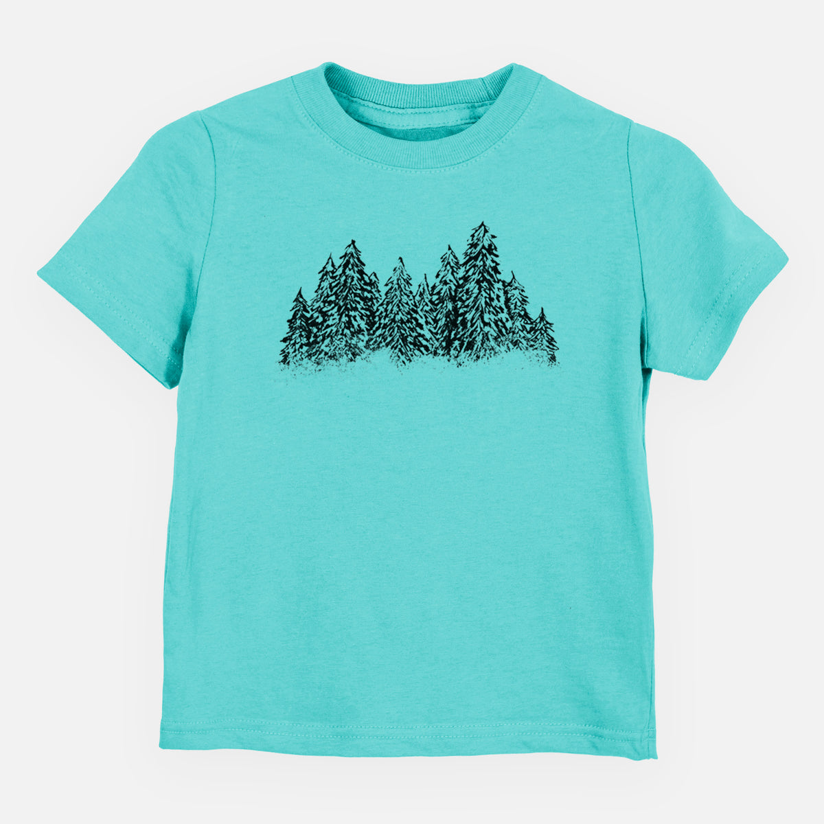 Caribbean blue toddler t-shirt laid flat, printed with a black ink illustration of a row of snow-dusted evergreen trees.