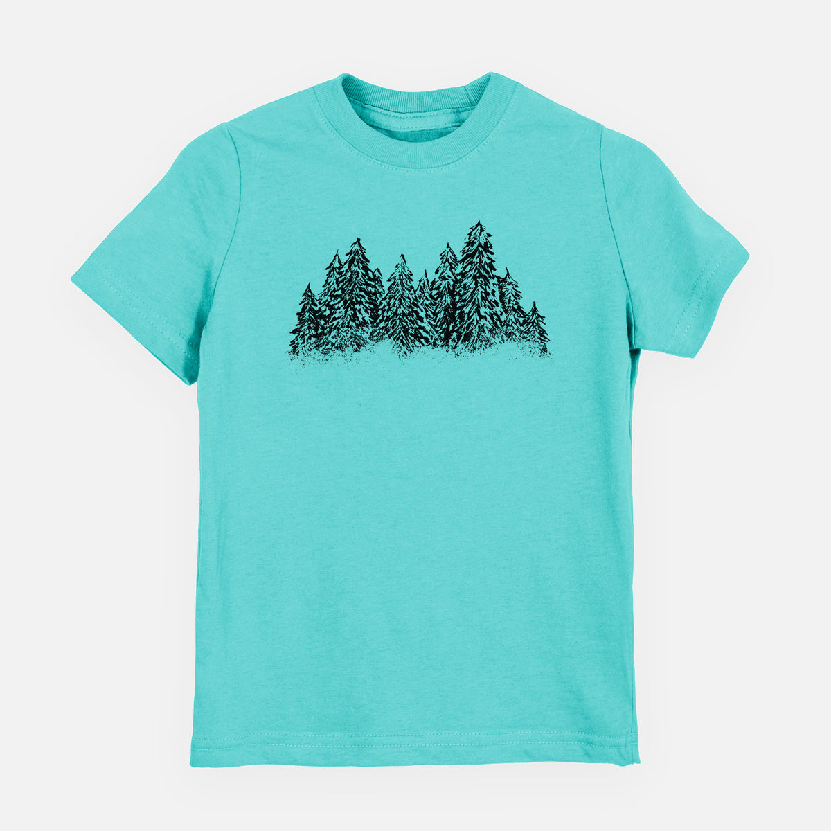 Caribbean blue youth t-shirt laid flat, printed with a black ink illustration of a row of snow-dusted evergreen trees.