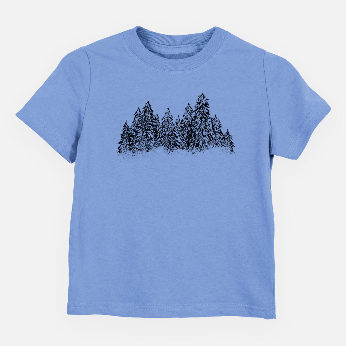 Carolina blue toddler t-shirt laid flat, printed with a black ink illustration of a row of snow-dusted evergreen trees.
