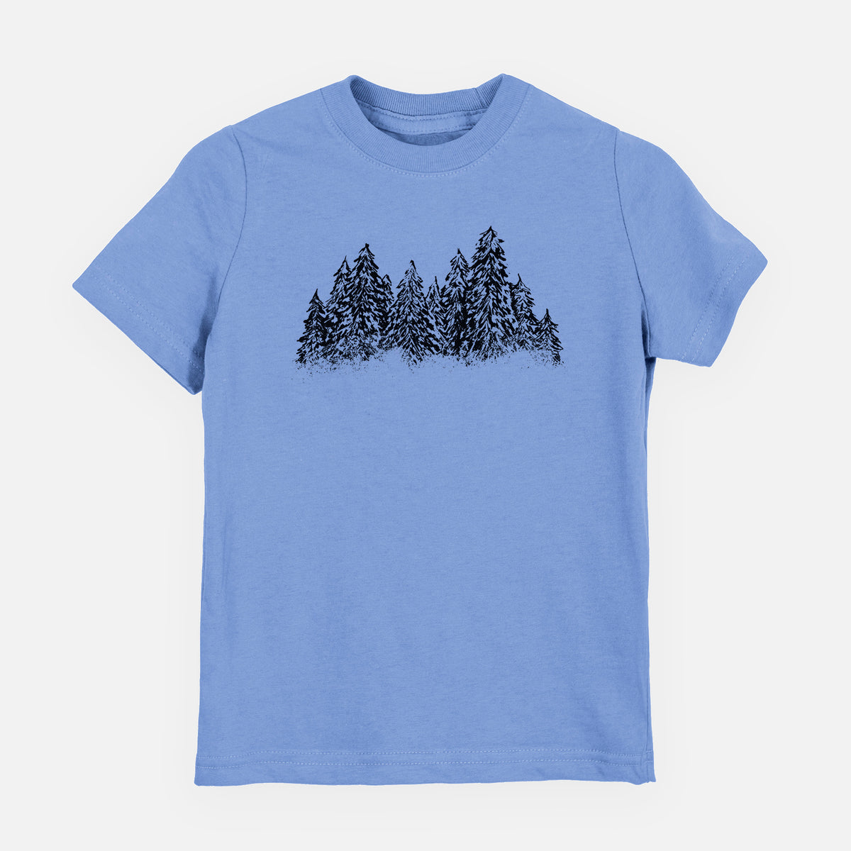 Carolina blue youth t-shirt laid flat, printed with a black ink illustration of a row of snow-dusted evergreen trees.