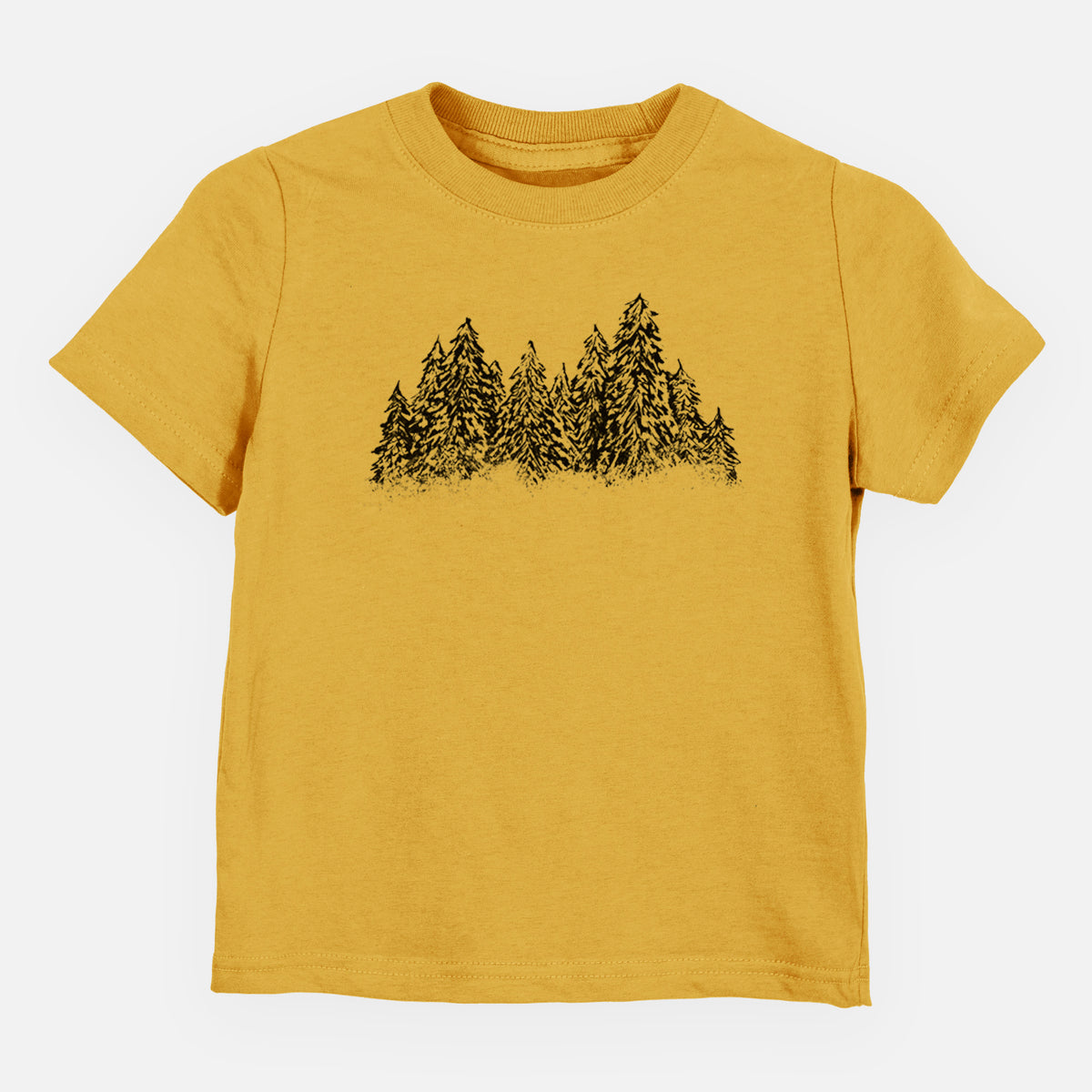 Honeycomb yellow toddler t-shirt laid flat, printed with a black ink illustration of a row of snow-dusted evergreen trees.
