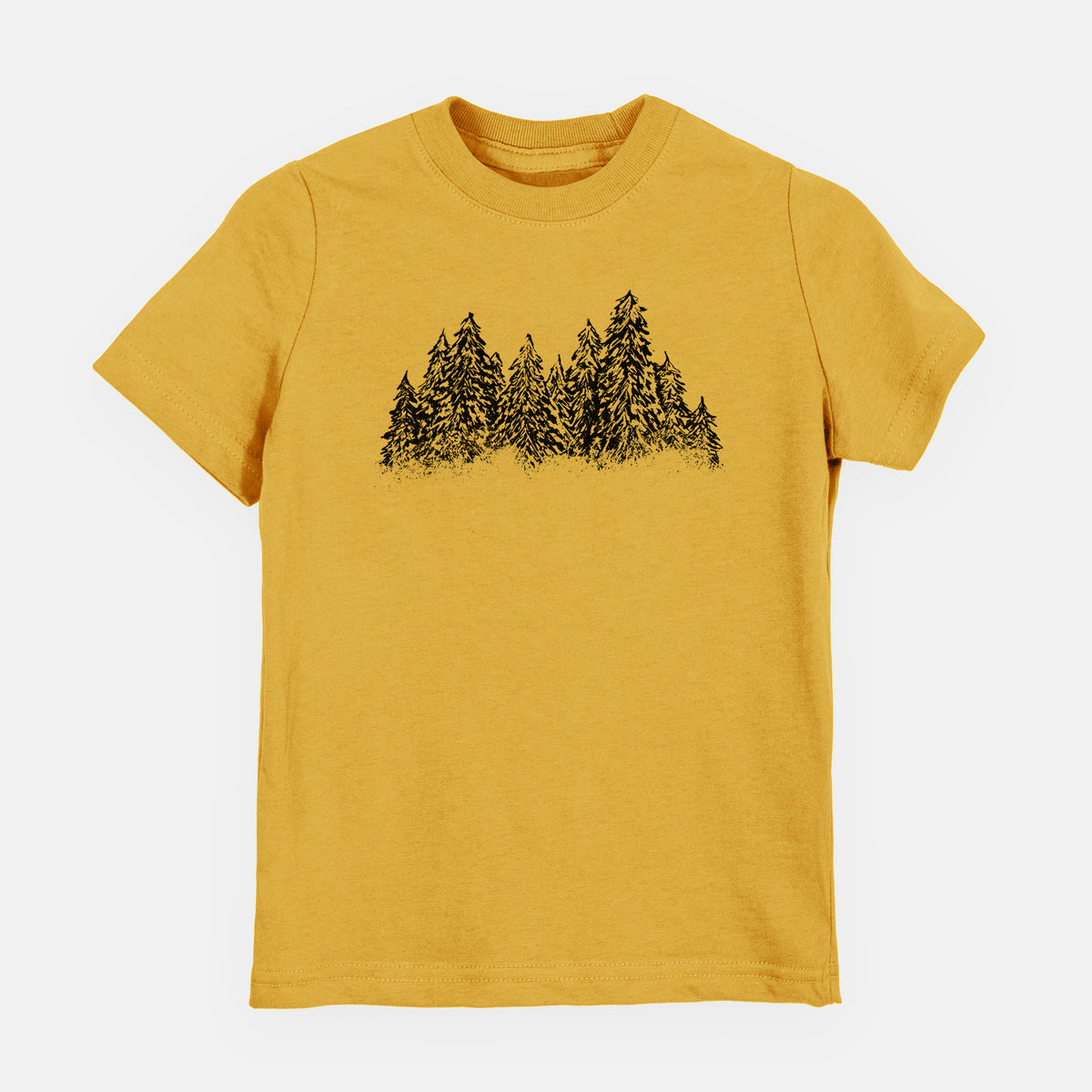 Honeycomb yellow youth t-shirt laid flat, printed with a black ink illustration of a row of snow-dusted evergreen trees.