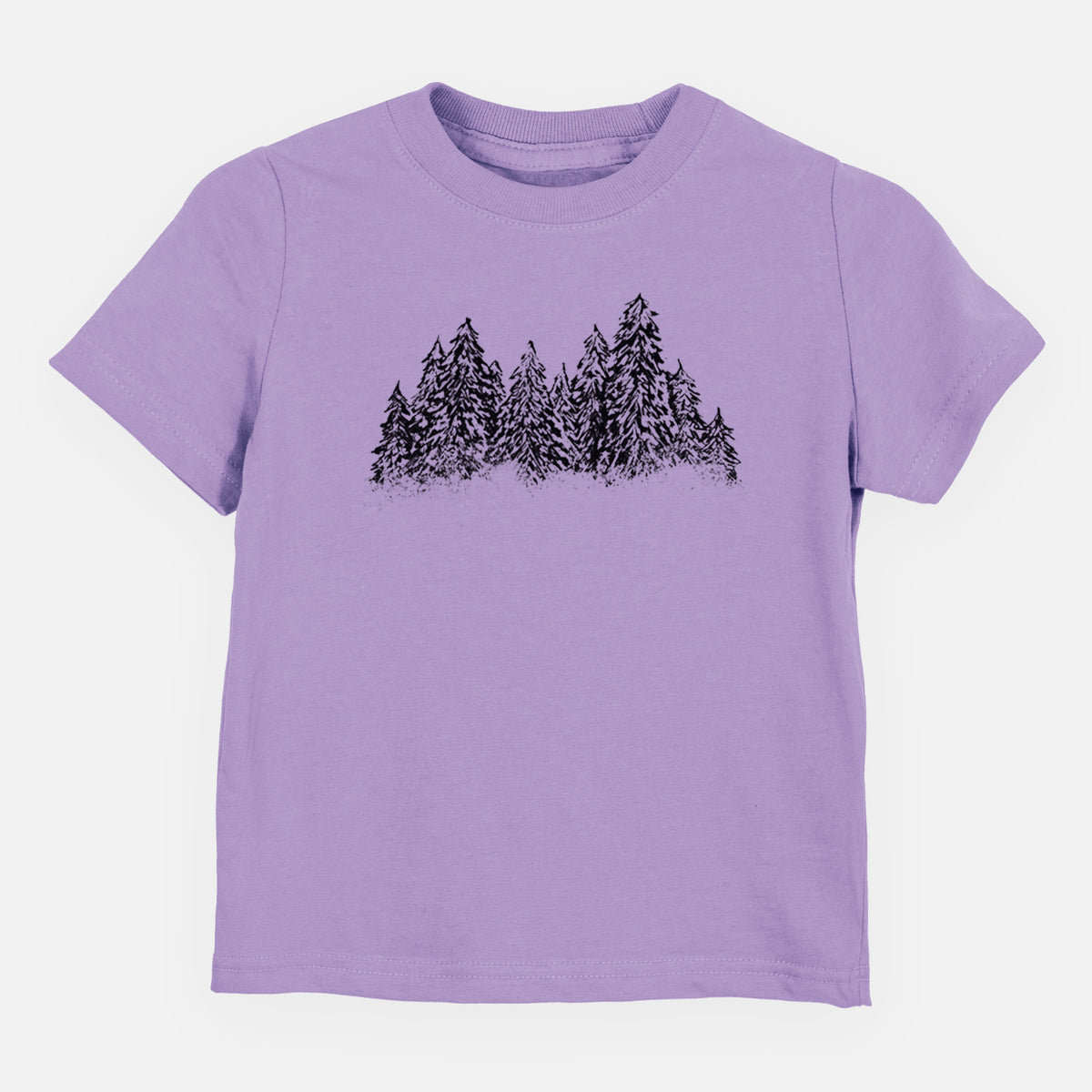 Lavender toddler t-shirt laid flat, printed with a black ink illustration of a row of snow-dusted evergreen trees.
