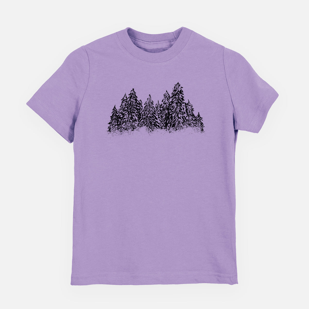Lavender youth t-shirt laid flat, printed with a black ink illustration of a row of snow-dusted evergreen trees.
