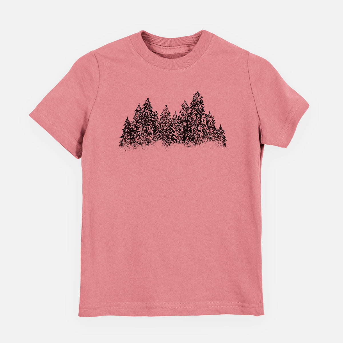 Mauve pink youth t-shirt laid flat, printed with a black ink illustration of a row of snow-dusted evergreen trees.
