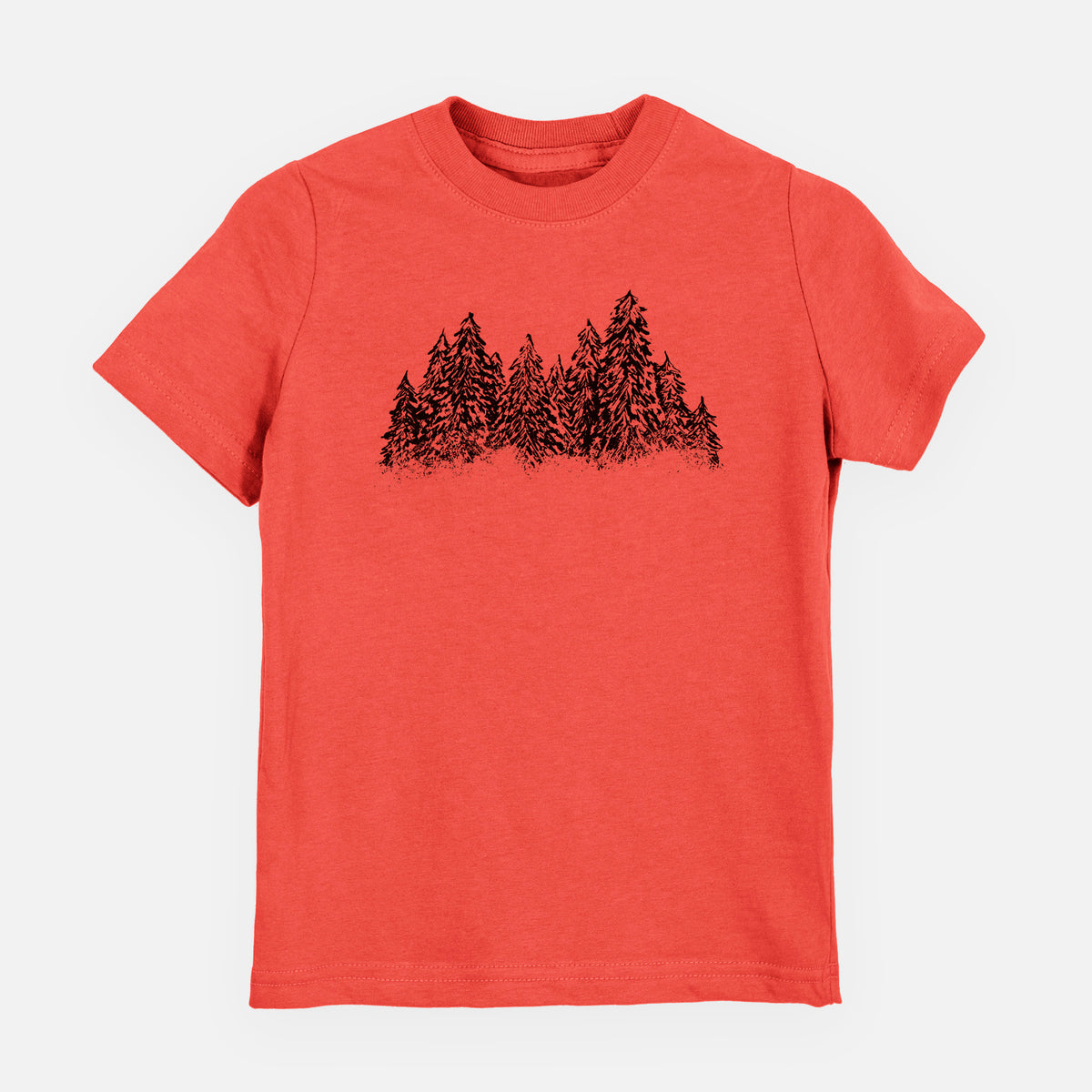 Passionfruit pink youth t-shirt laid flat, printed with a black ink illustration of a row of snow-dusted evergreen trees.