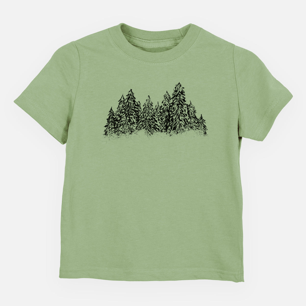 Sage green toddler t-shirt laid flat, printed with a black ink illustration of a row of snow-dusted evergreen trees.