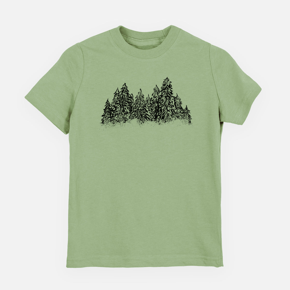 Sage green youth t-shirt laid flat, printed with a black ink illustration of a row of snow-dusted evergreen trees.