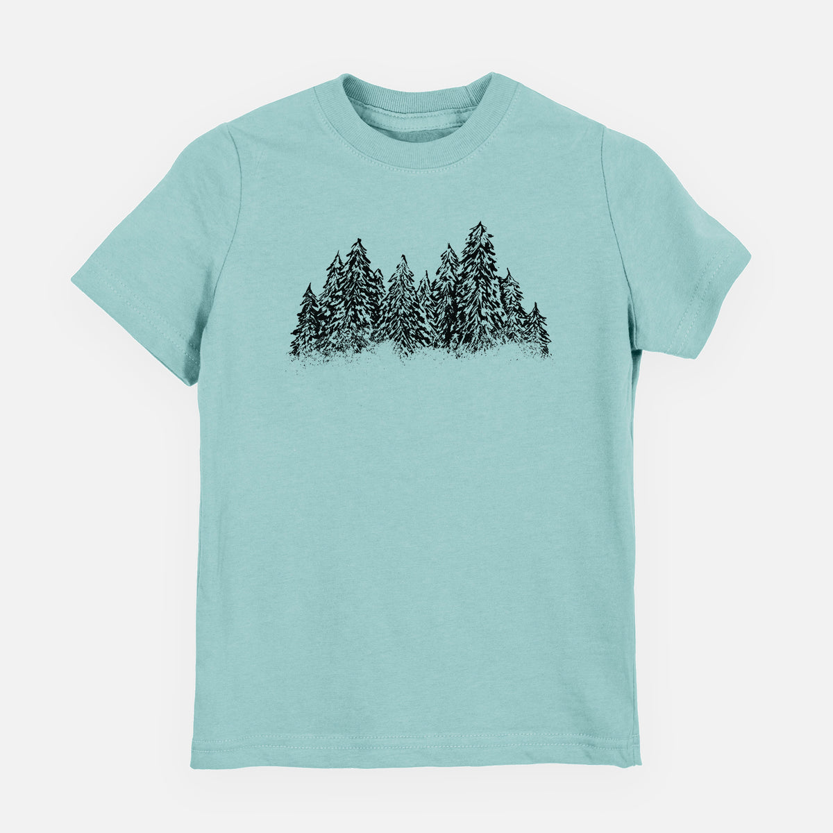 Saltwater youth t-shirt laid flat, printed with a black ink illustration of a row of snow-dusted evergreen trees.