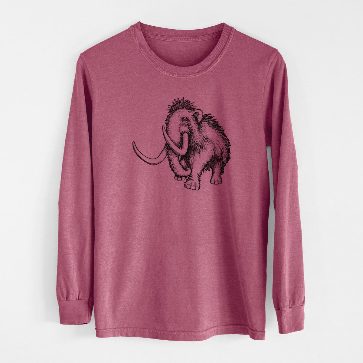 Crimson Comfort Colors long sleeve shirt laid flat, printed with a black ink illustration of a woolly mammoth with long curved tusks.
