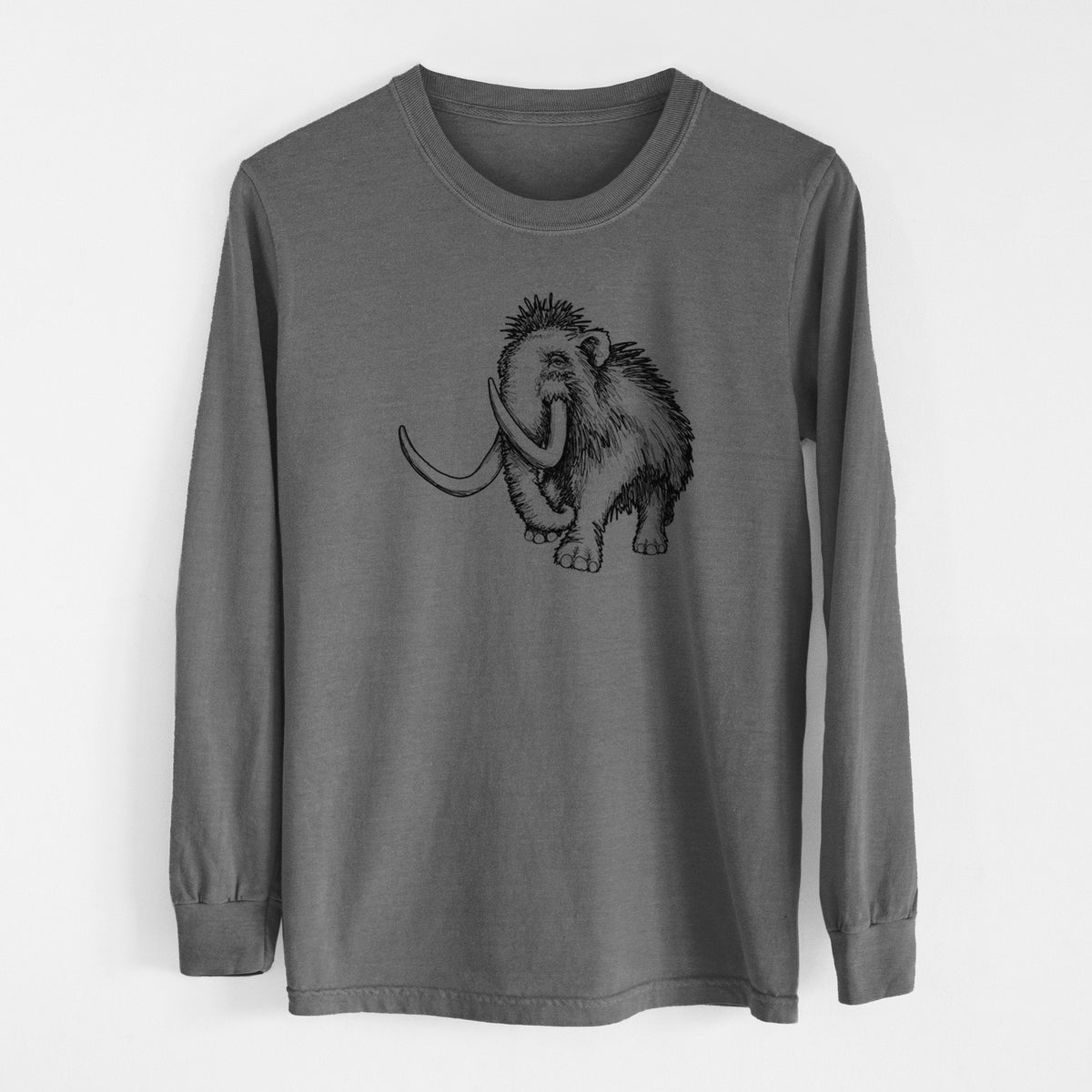 Pepper Comfort Colors long sleeve shirt laid flat, printed with a black ink illustration of a woolly mammoth with long curved tusks.