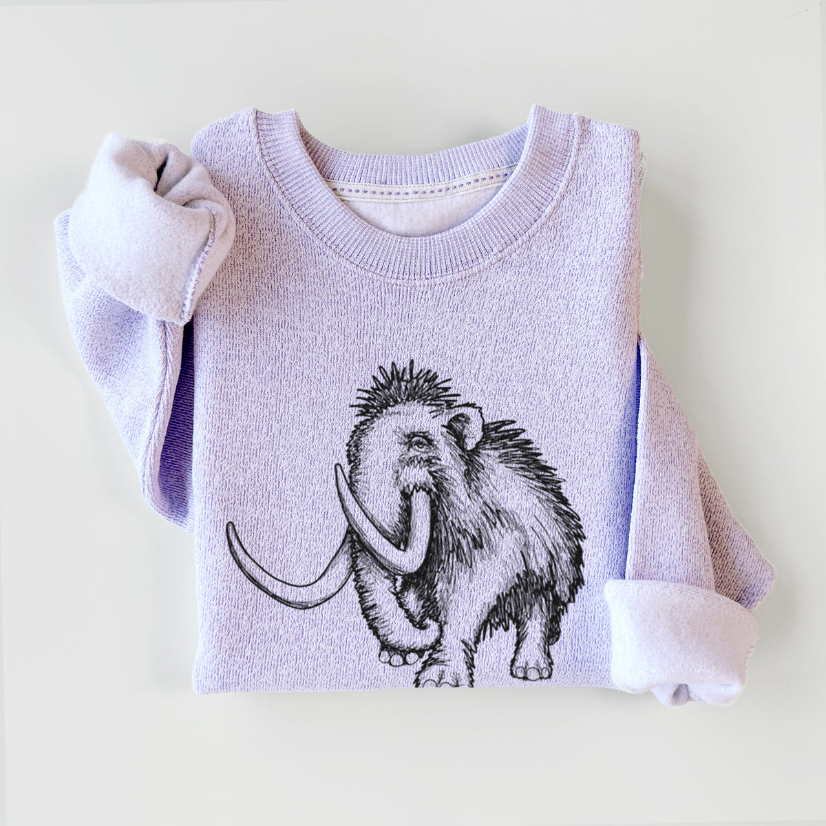 Ice purple knit sweatshirt printed with a black ink illustration of a woolly mammoth with long curved tusks, styled flat.