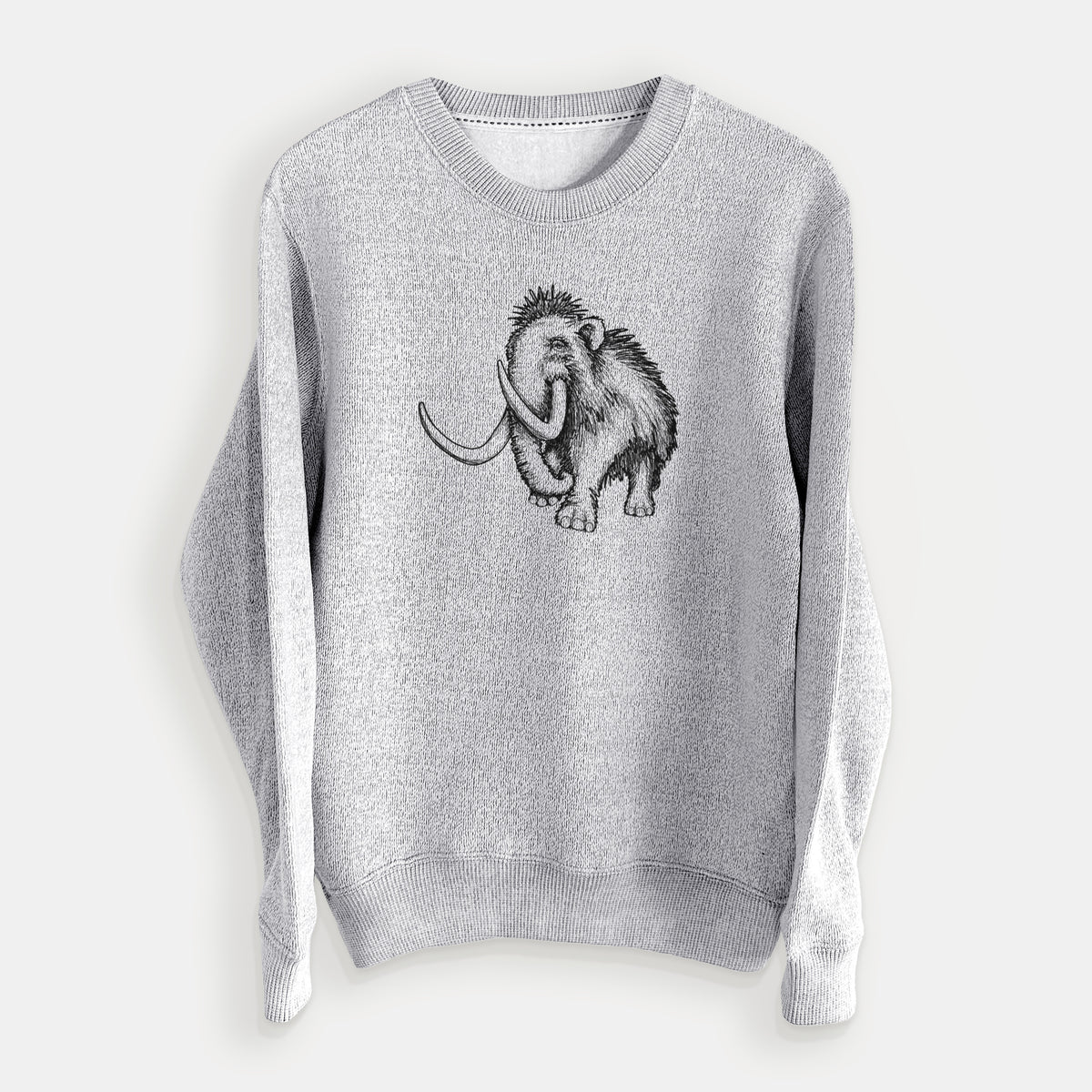 Salt and pepper knit sweatshirt laid flat, printed with a black ink illustration of a woolly mammoth with long curved tusks.