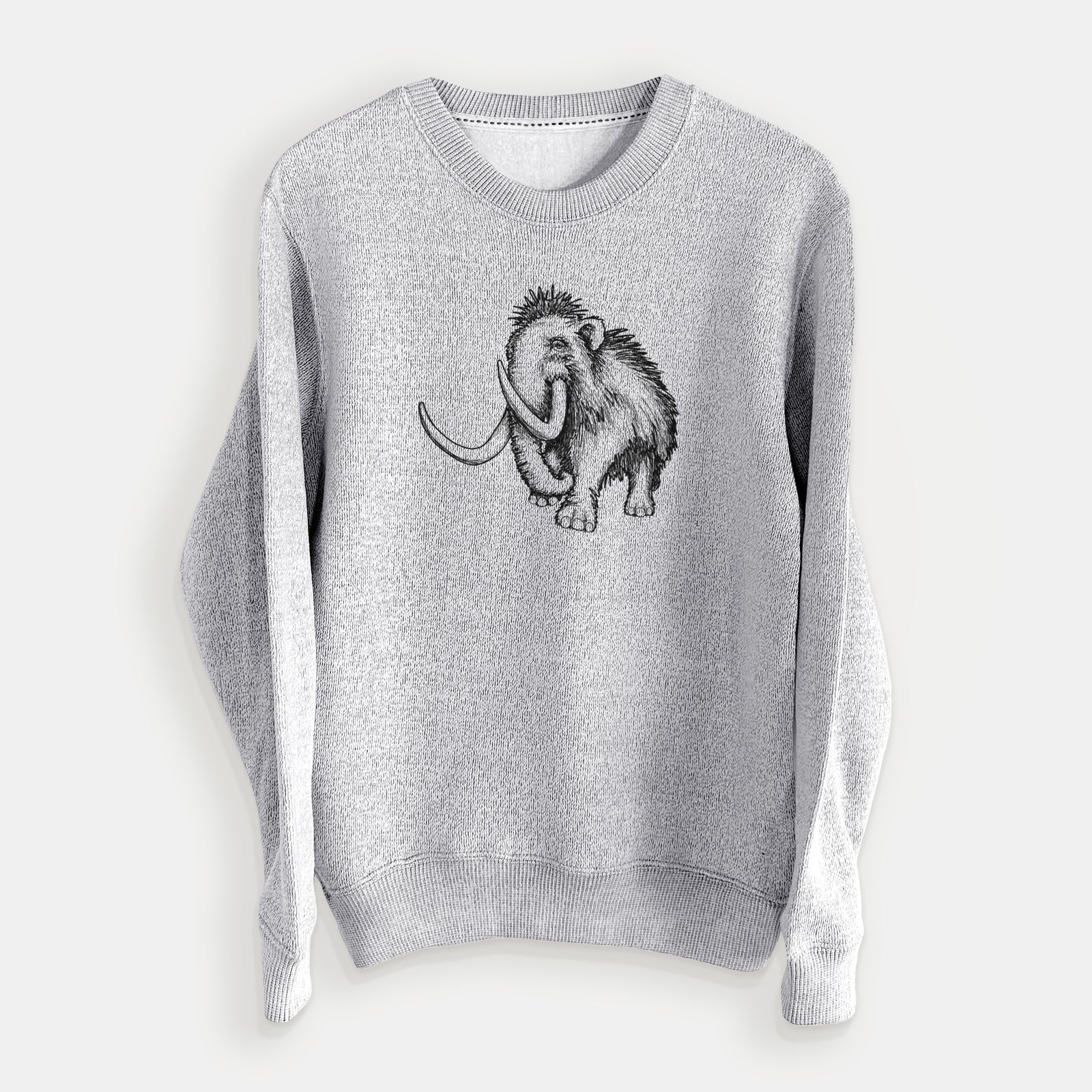 Salt and pepper knit sweatshirt laid flat, printed with a black ink illustration of a woolly mammoth with long curved tusks.