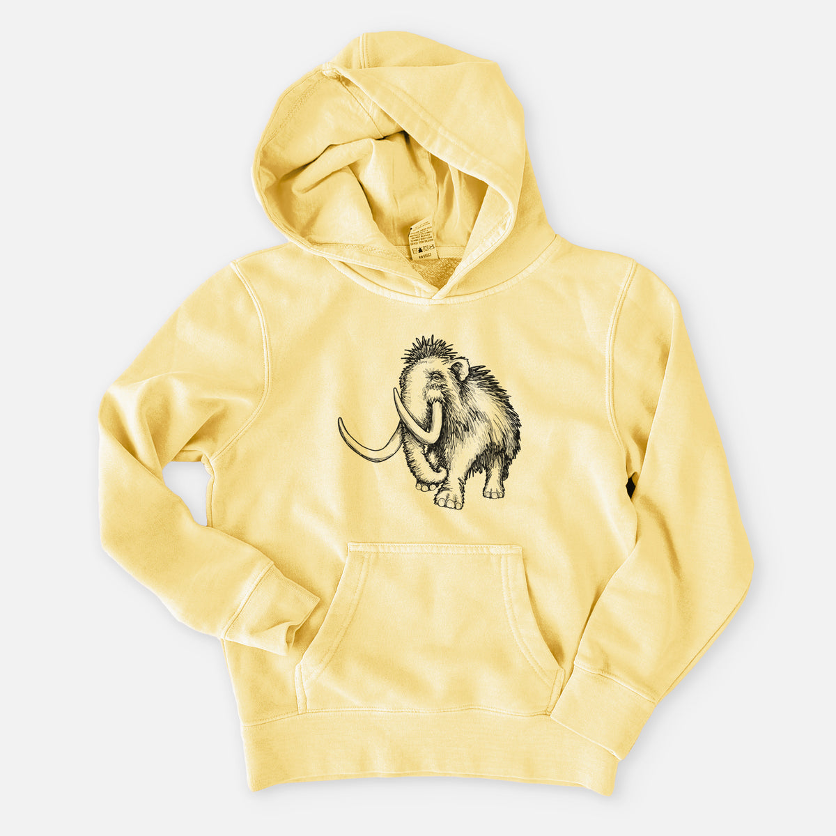Pigment yellow youth pigment dyed hoodie laid flat, printed with a black ink illustration of a woolly mammoth with long curved tusks.