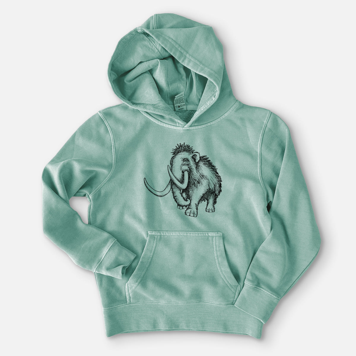 Sea green youth pigment dyed hoodie laid flat, printed with a black ink illustration of a woolly mammoth with long curved tusks.