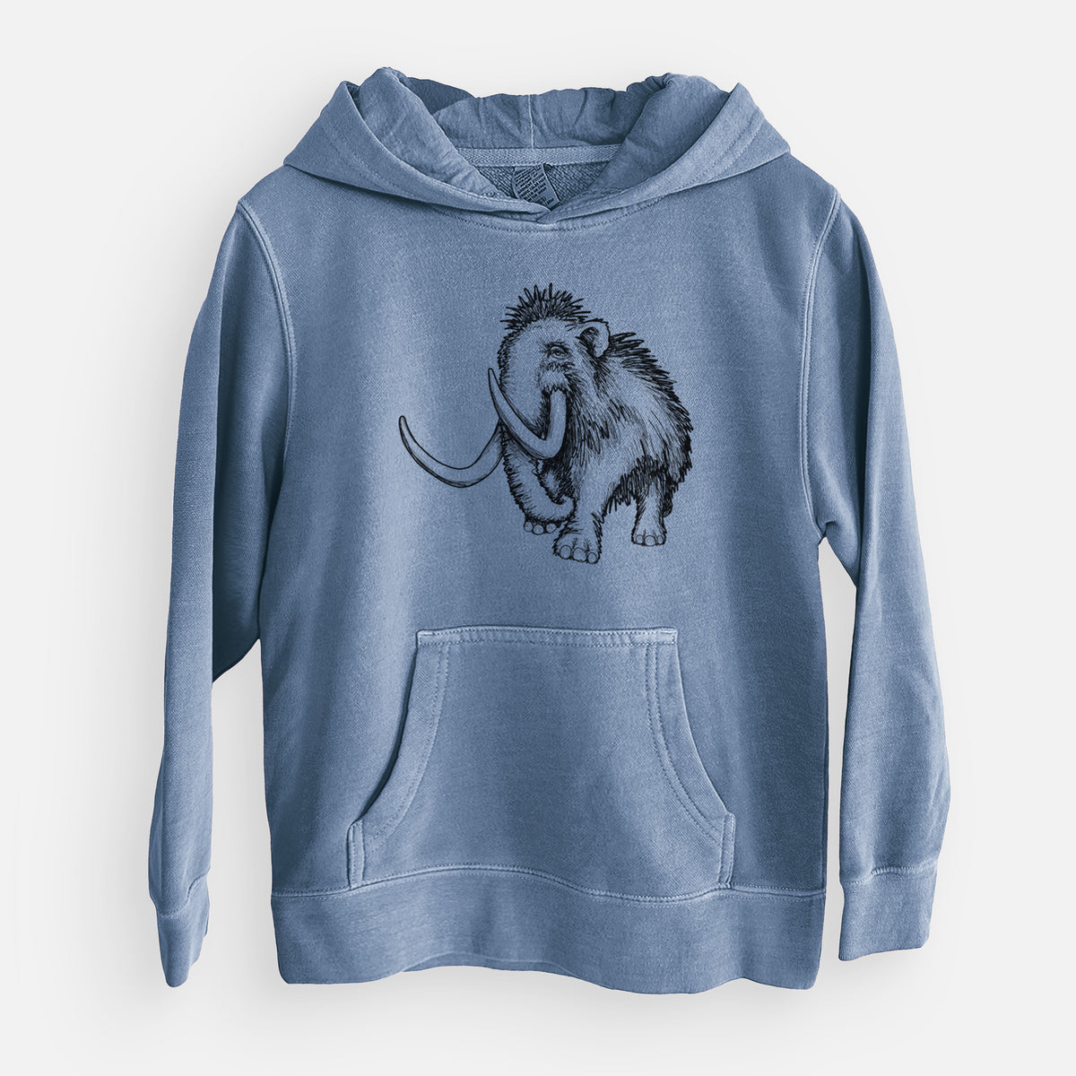 Slate blue youth pigment dyed hoodie laid flat, printed with a black ink illustration of a woolly mammoth with long curved tusks.