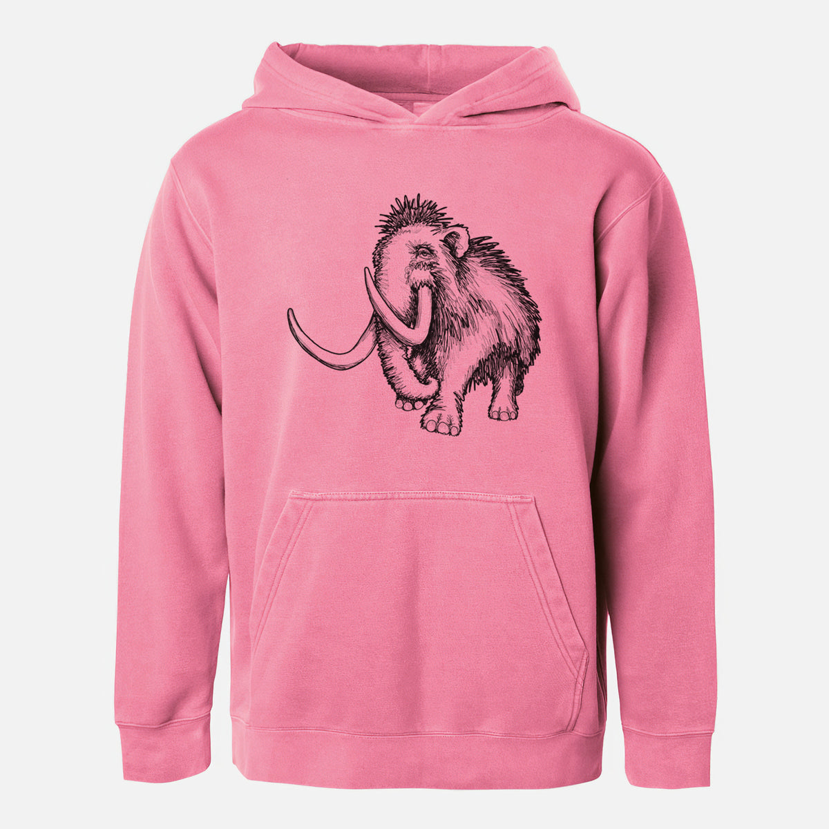 Pigment pink youth pigment dyed hoodie laid flat, printed with a black ink illustration of a woolly mammoth with long curved tusks.