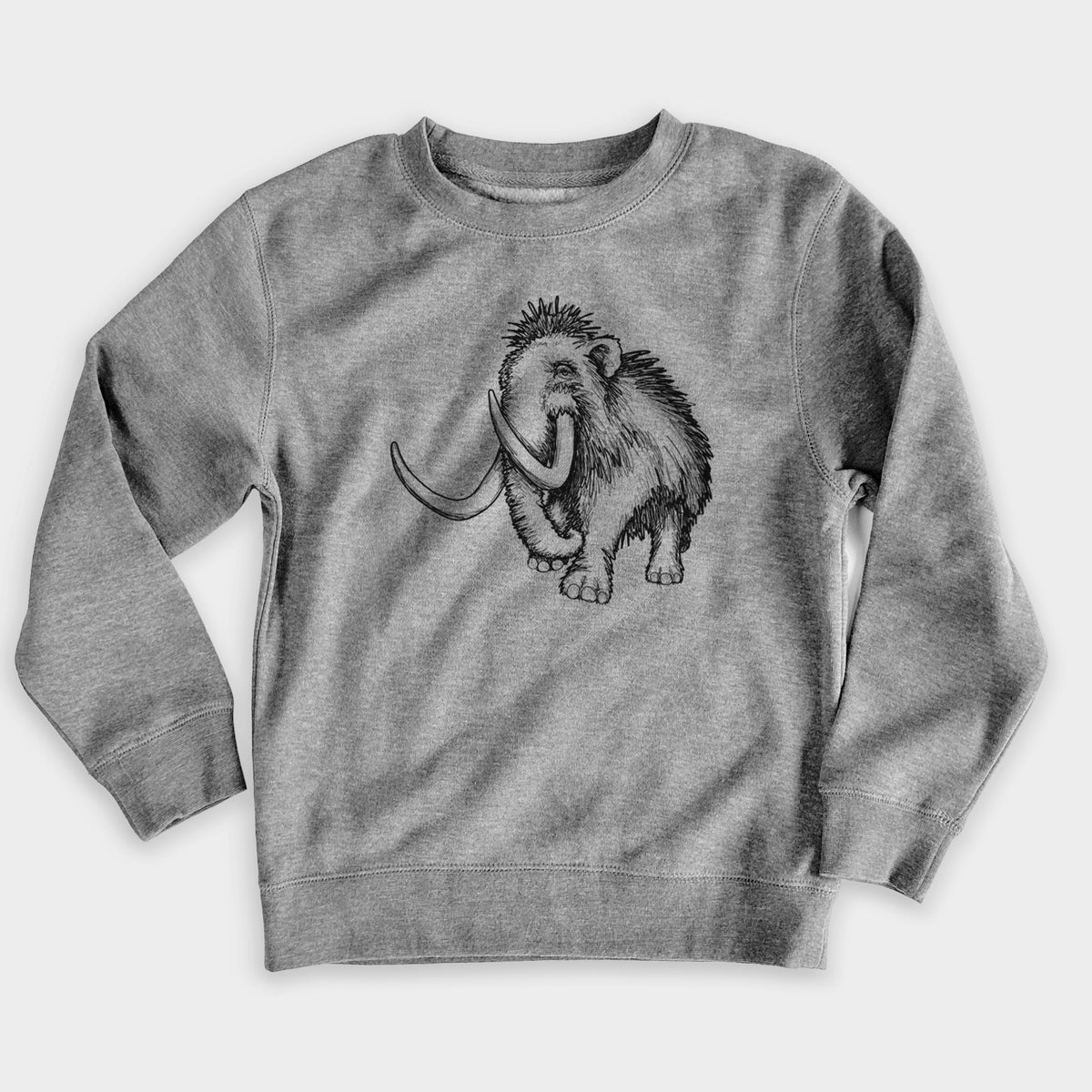 Nickel grey youth crewneck sweatshirt laid flat, printed with a black ink illustration of a woolly mammoth with long curved tusks.