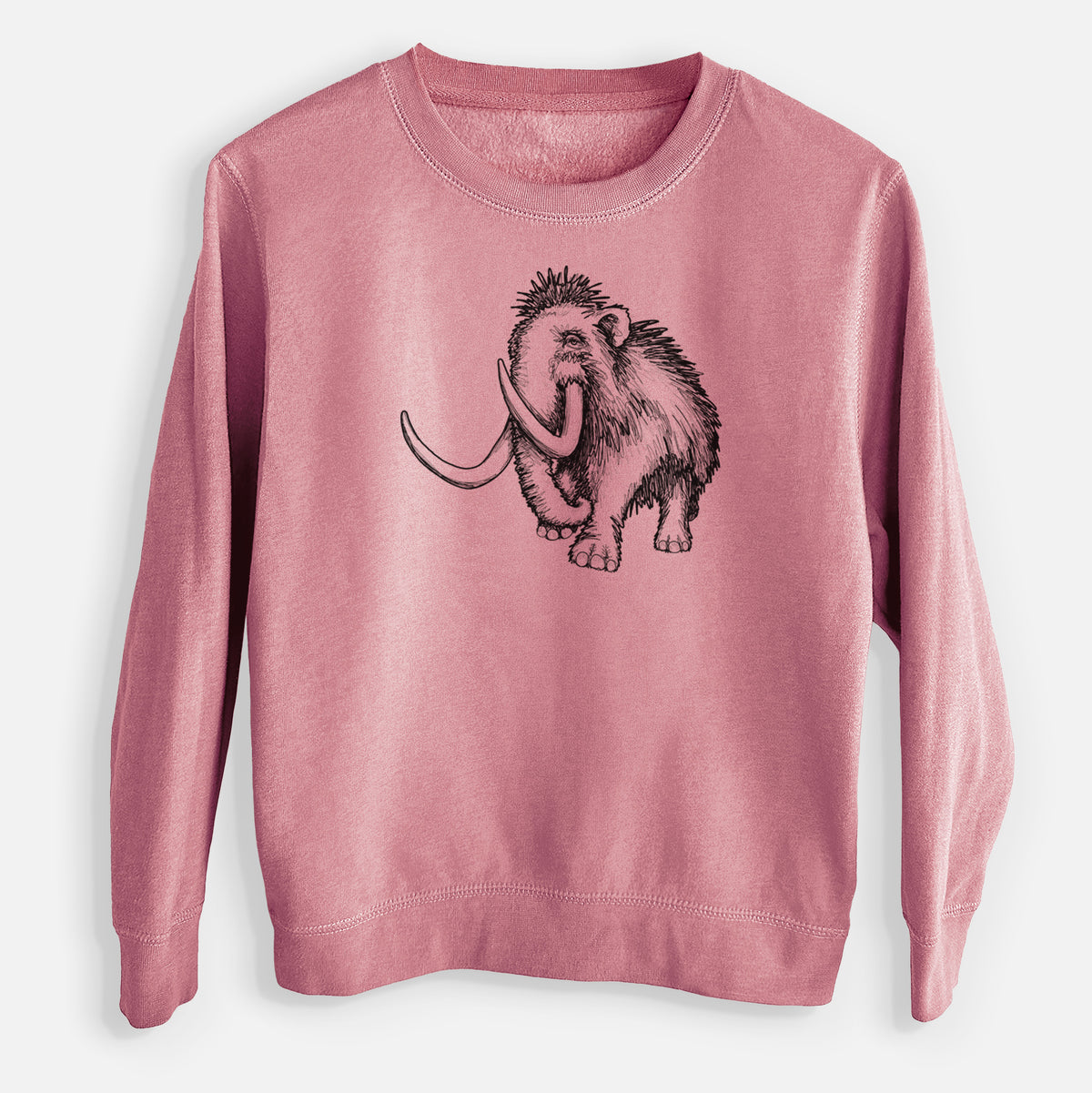 Mauve pink youth crewneck sweatshirt laid flat, printed with a black ink illustration of a woolly mammoth with long curved tusks.