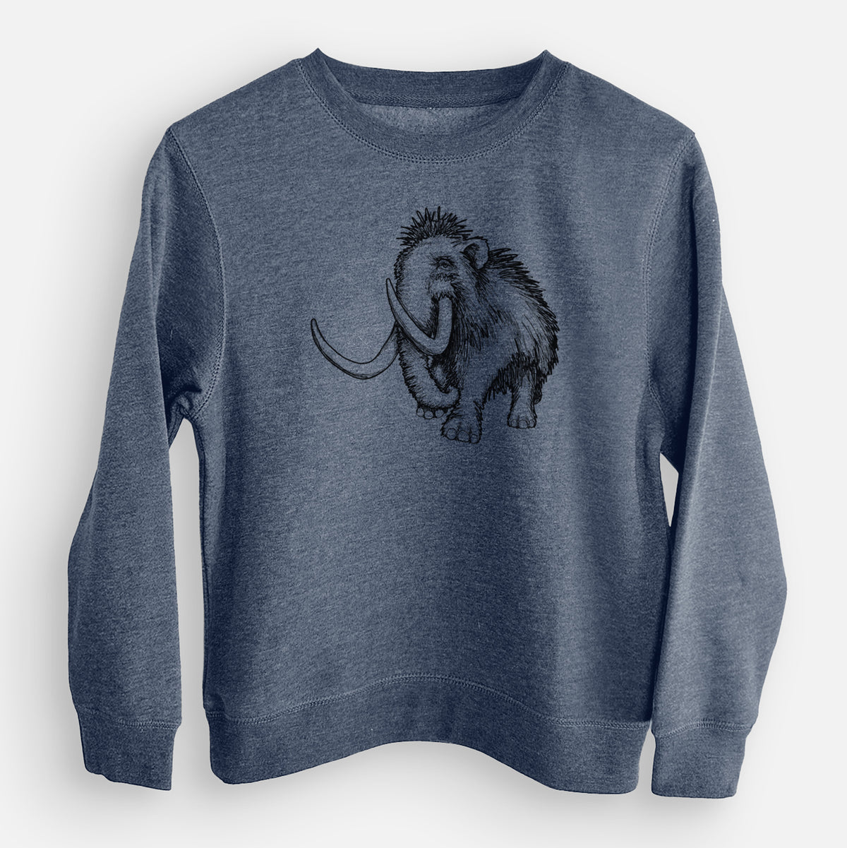 Storm blue youth crewneck sweatshirt laid flat, printed with a black ink illustration of a woolly mammoth with long curved tusks.